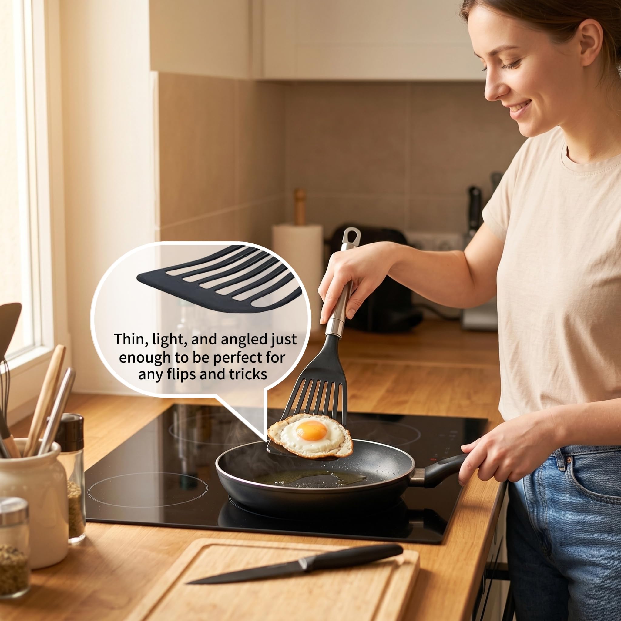 KSENDALO Fischspatel für antihaftbeschichtetes Kochgeschirr, Silikon-Fischspatel für die Küche, Kunststoff-Pfannkuchen-Eierwender, dünne, flexible Schlitz-Nylonklinge mit Silikonrand (2 Stück)