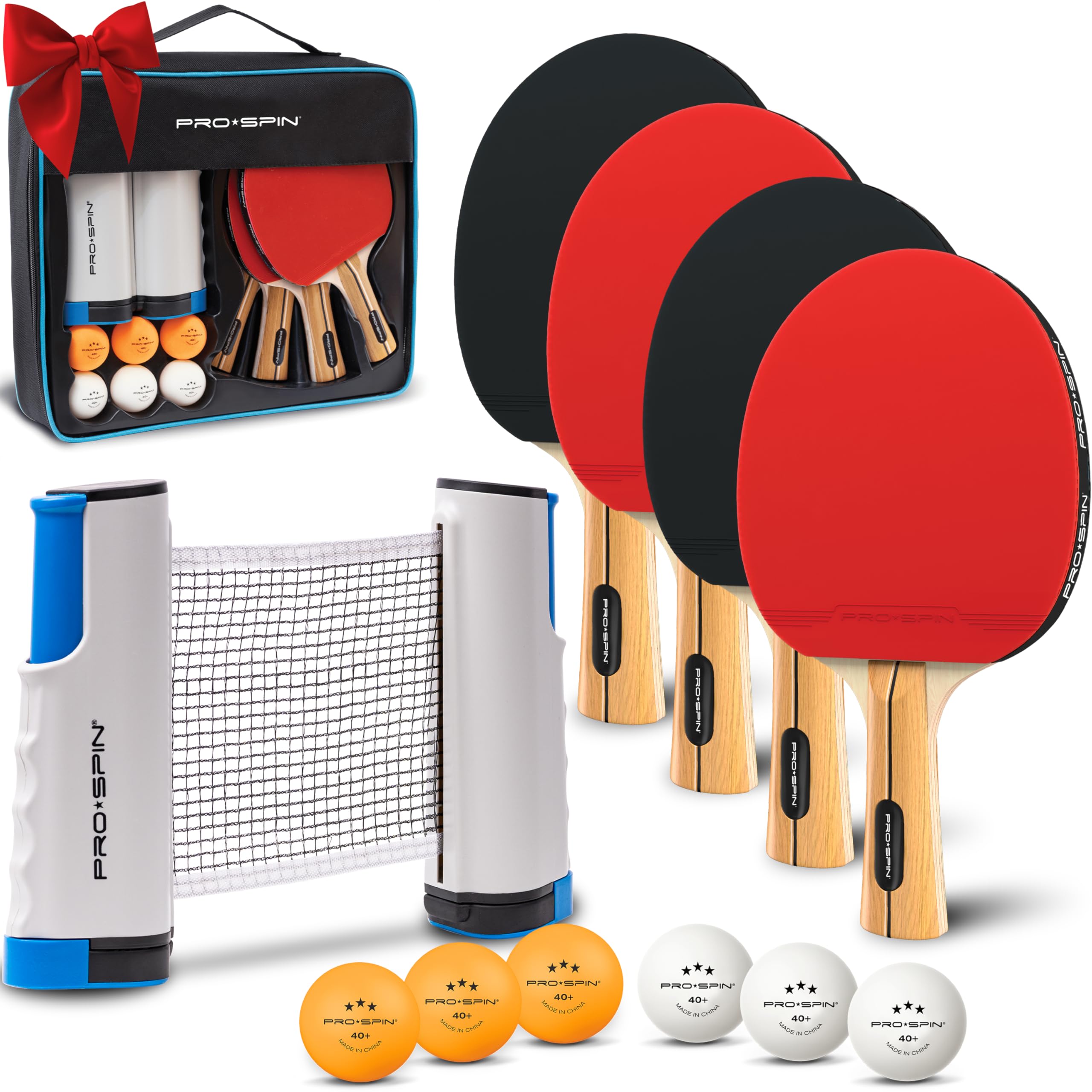 PRO-SPIN All-in-One Portable Ping Pong Paddle Set | Table Tennis Set with Retractable Ping Pong Net (Up to 72" Width) | Premium Paddle 3 Star Ball | Storage Case | Family Fun | Gift