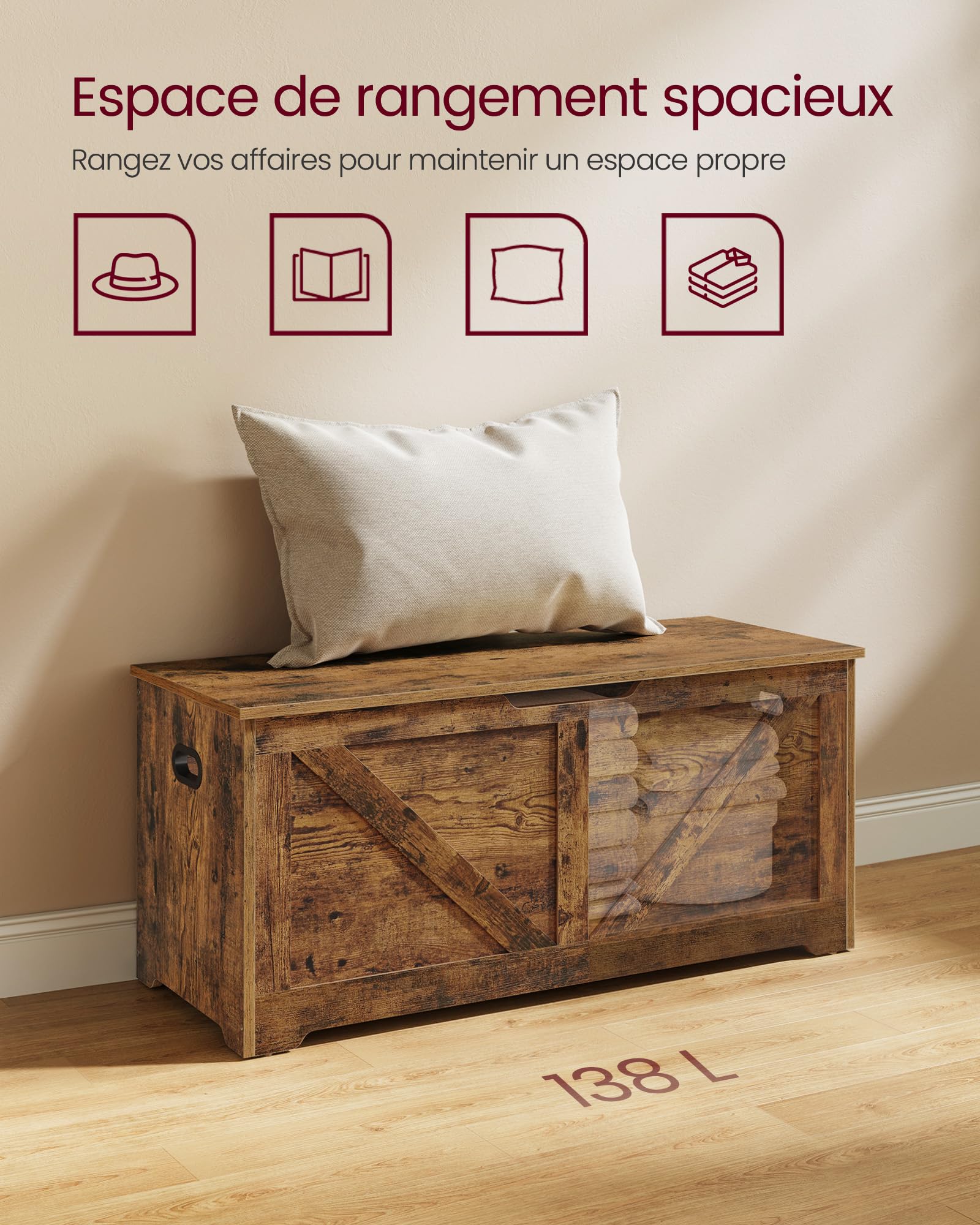 VASAGLE Coffre de Rangement, Banc Chaussures, Meuble Entrée, avec 2 Charnières de Sécurité, Imitation Grange, 40 x 100 x 46 cm, pour Couloir, Chambre, Salon, Marron Rustique LSB060T01