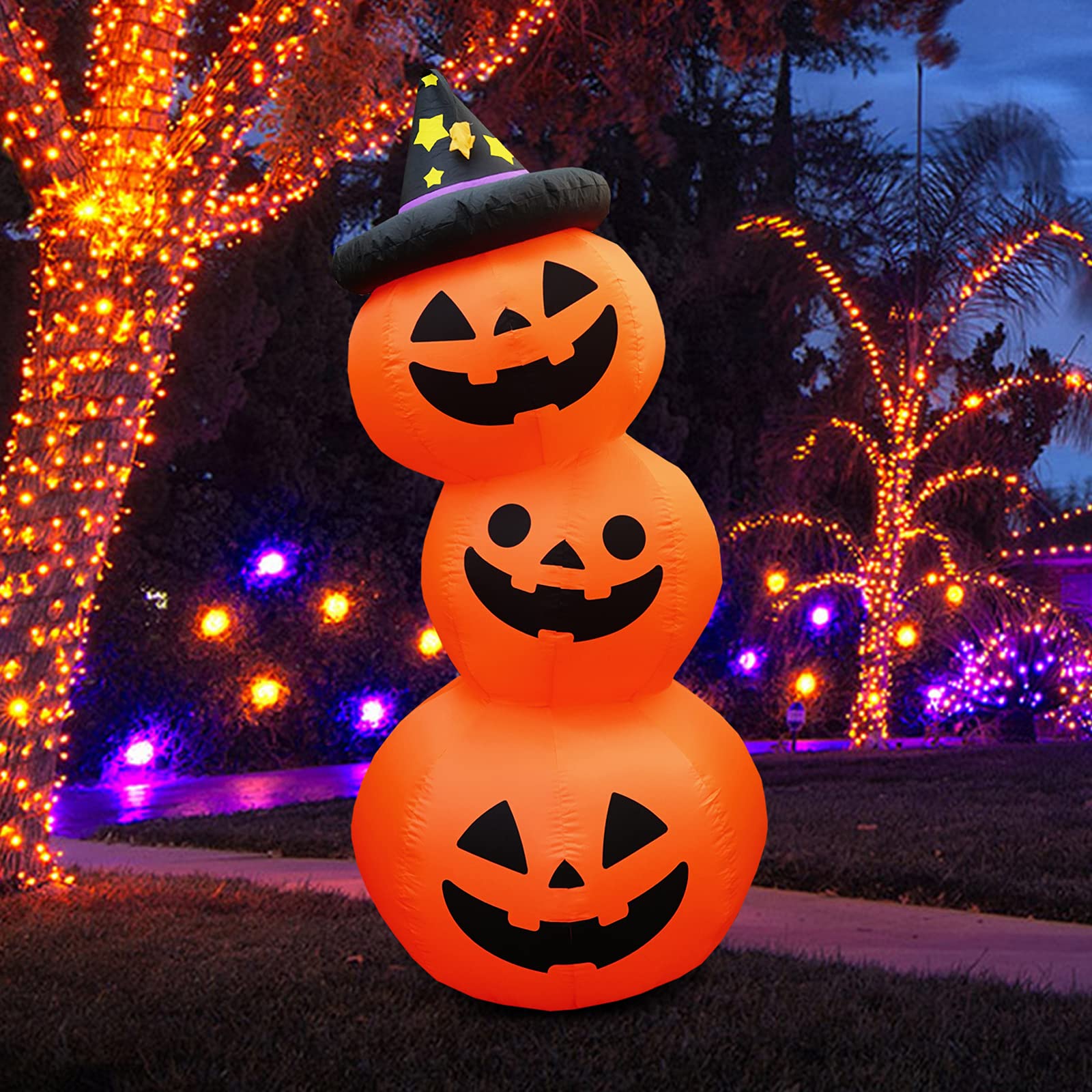 PARAYOYO 6 Ft Inflatable Halloween 3 Pumpkins with Magic Hat Light Blow Up Decor Indoor Outdoor Yard Lawn Decoration