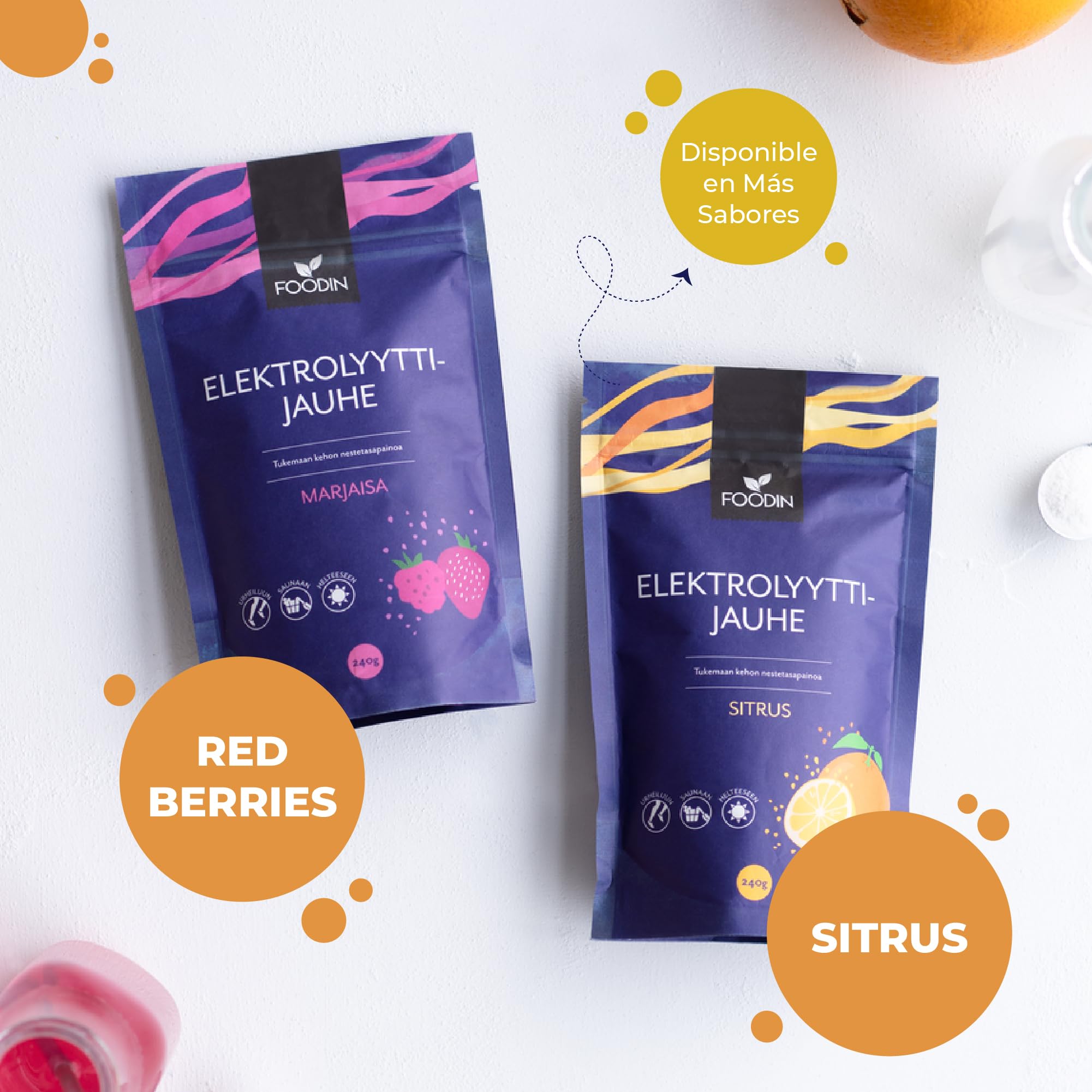 FOODIN Polvo Electrolítico sin azúcar 240 g – bebida isotónica en polvo para hidratación rápida, energía natural, dieta keto y vegana (Citrus)