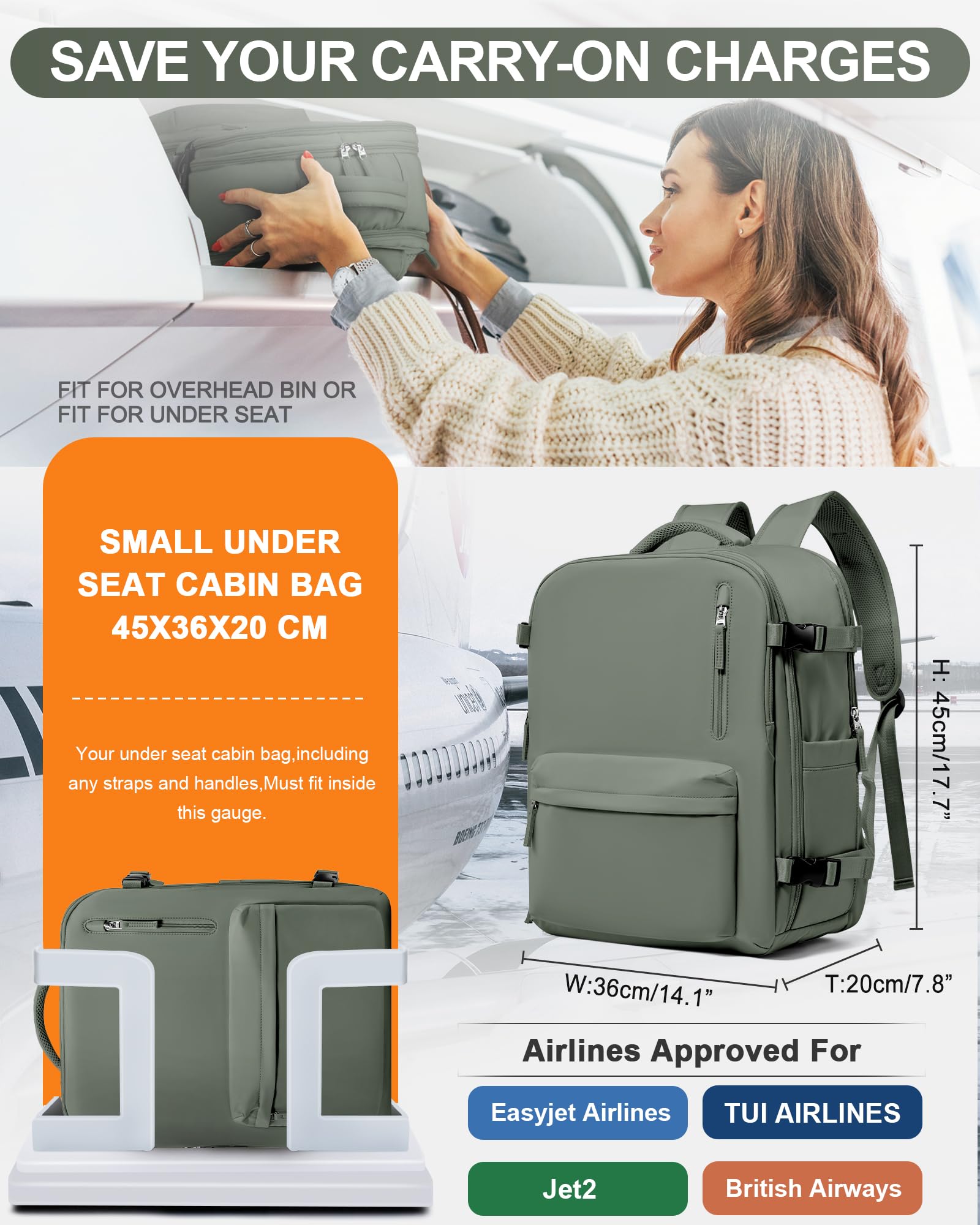 Zaino da Viaggio per Easyjet 45x36x20 Bagaglio a Mano Zaino Borse da Cabina per Easyjet Il Sedile Zaino Aereo Bagaglio a Mano Donna Borsa Cabina Viaggio Zaino Viaggio Casual Daypack,esercito verde