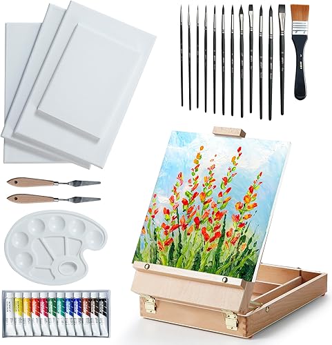 ARTIFY - Juego de caballete de caja de bocetos de mesa, caballete de artista de escritorio con pinturas acrílicas de 12 colores, 13 pinceles, 4
