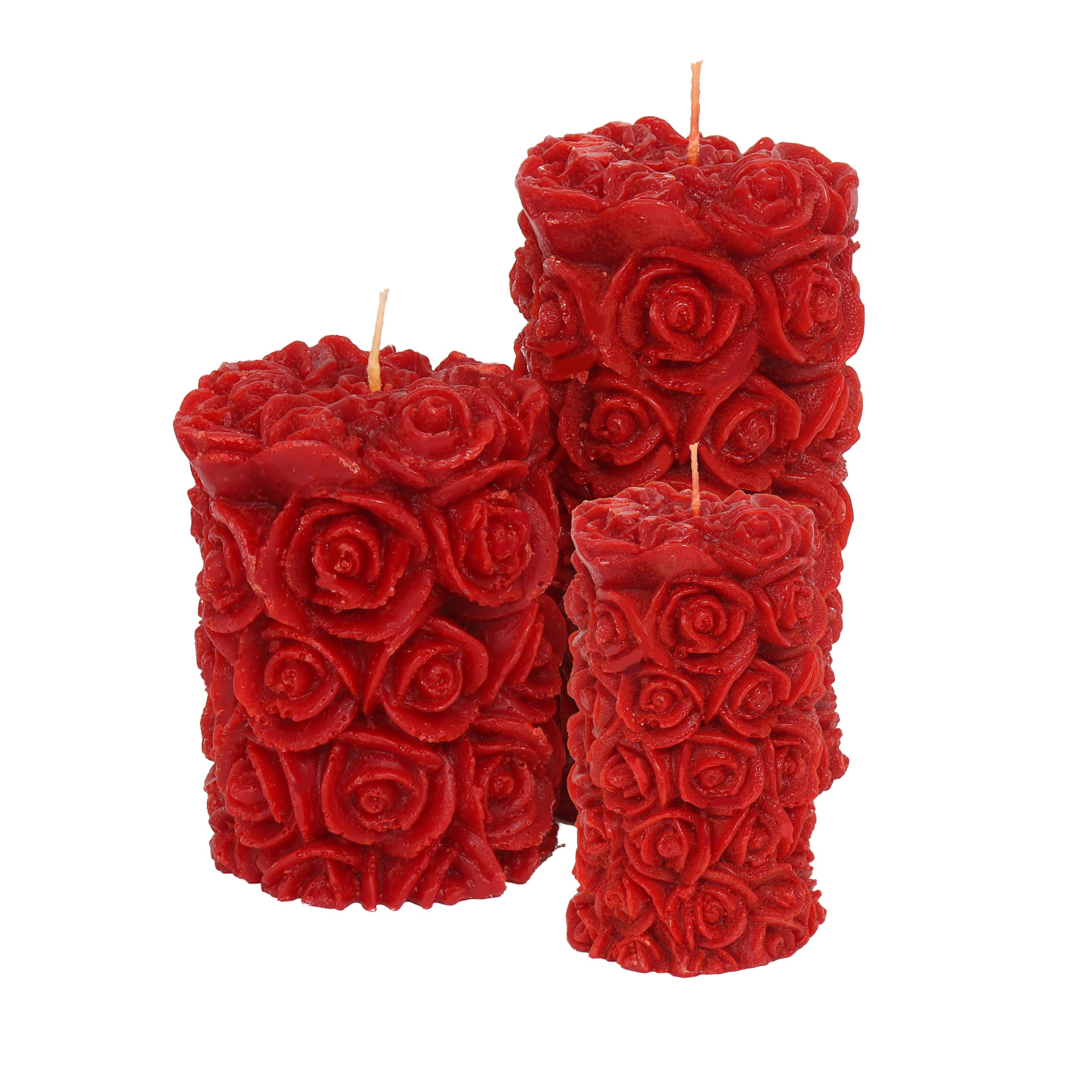Laeto Rose Detail Unscented Pillar Candle Set - Pack of 3 Red Candles for Romantic Occasions, Weddings & Church Use