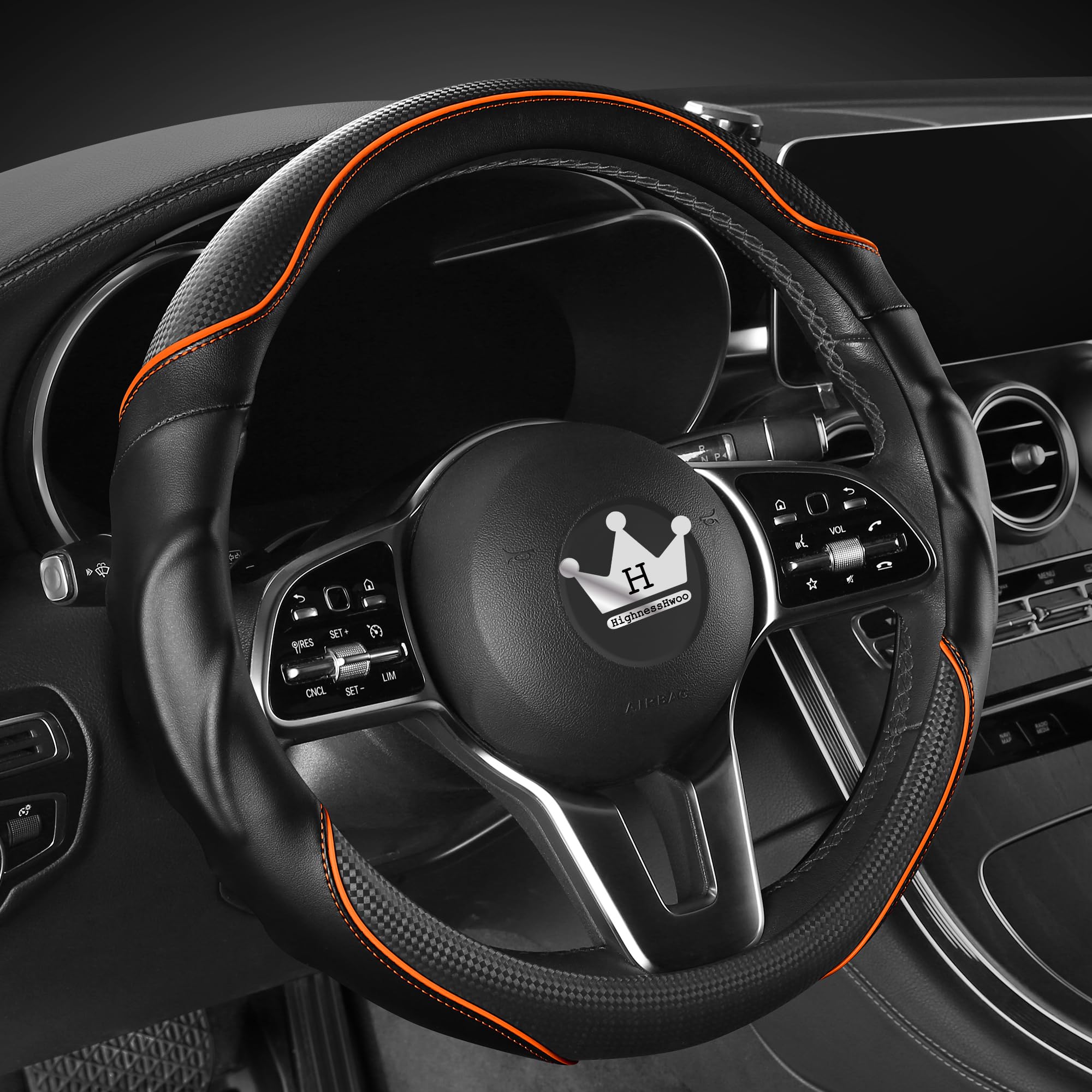 Funda para volante de coche HighnessHwoo 3D, con agarre cómodo, masaje, deportiva, antideslizante, de fibra de carbono, de piel sintética, para camionetas F150, Jeep, furgonetas, cubiertas para manillar de coche para todas las estaciones, 15, 2 y 16 pulgadas, color naranja
