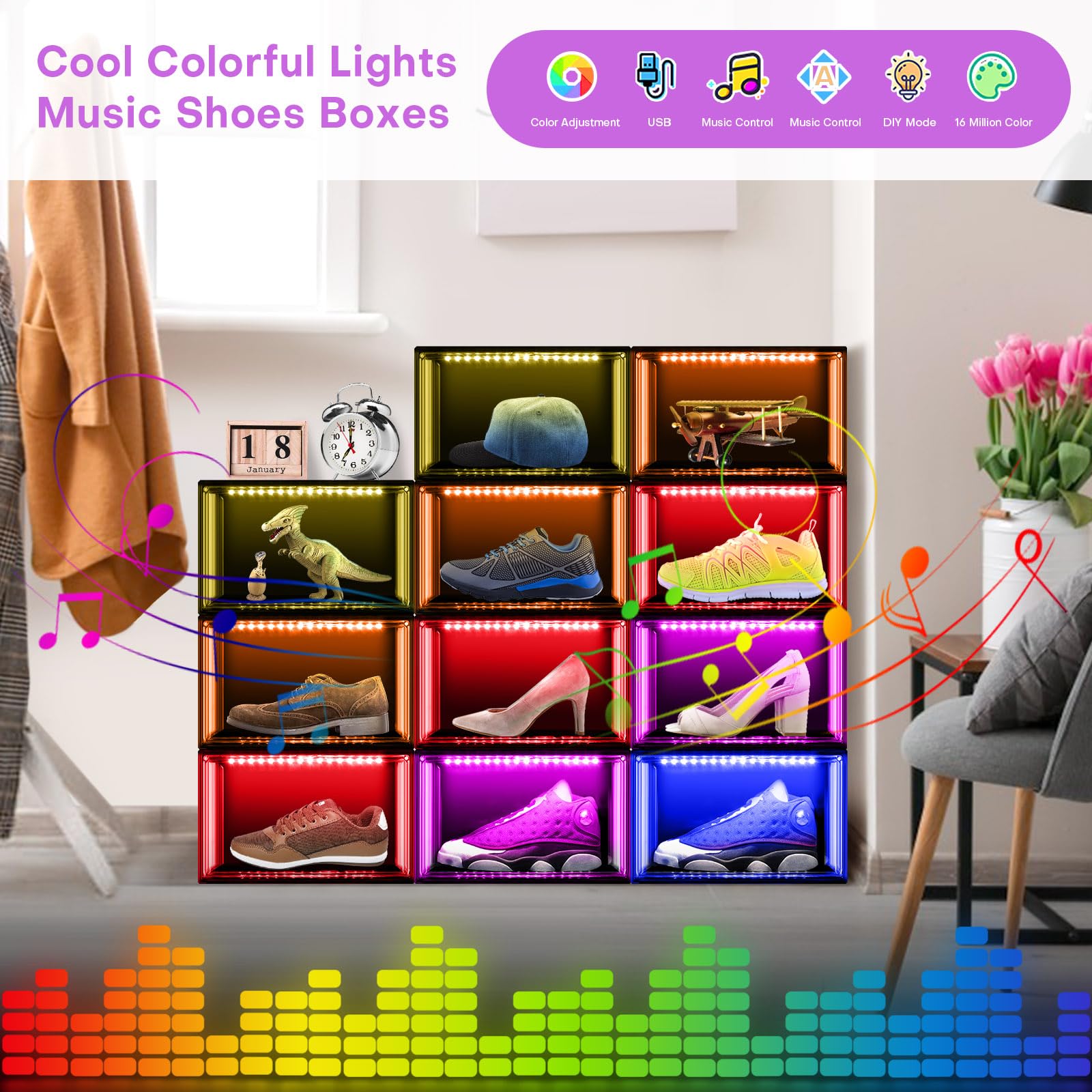 Oltraman Organizer per scarpe per armadio, scatole per scarpe pieghevoli, confezione da 2, contenitori impilabili in plastica trasparente, supporto magnetico per scarpe da ginnastica con luci a LED