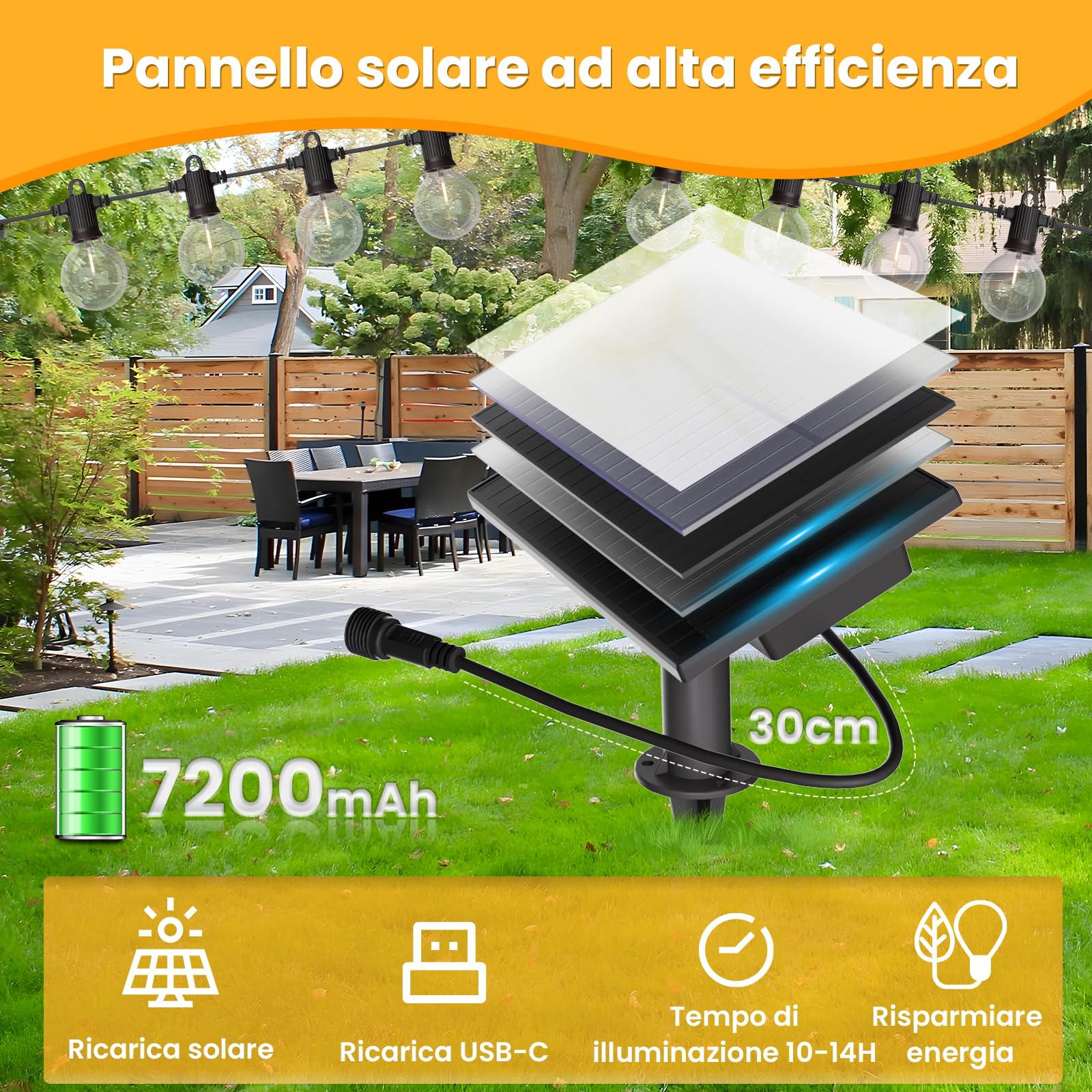 ZOTOYI Catena Luminosa Esterno Solare, 30m Luci Solari da Esterno con 50+2 Impermeabile IP65 Lampadine, Catena Lucine Esterni Interno Deco per Terrazzo, Partito, Festa, Matrimonio, Gazebo,2200K