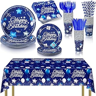 Norme Navy Blue Birthday Decoration Blue Birthday Party Tableware Set Includes Tablecloth 25 pcs Blue Paper Plates Napkins Paper Cups Forks Knifes and Straws for Party Supplies (Navy Blue, Silver)