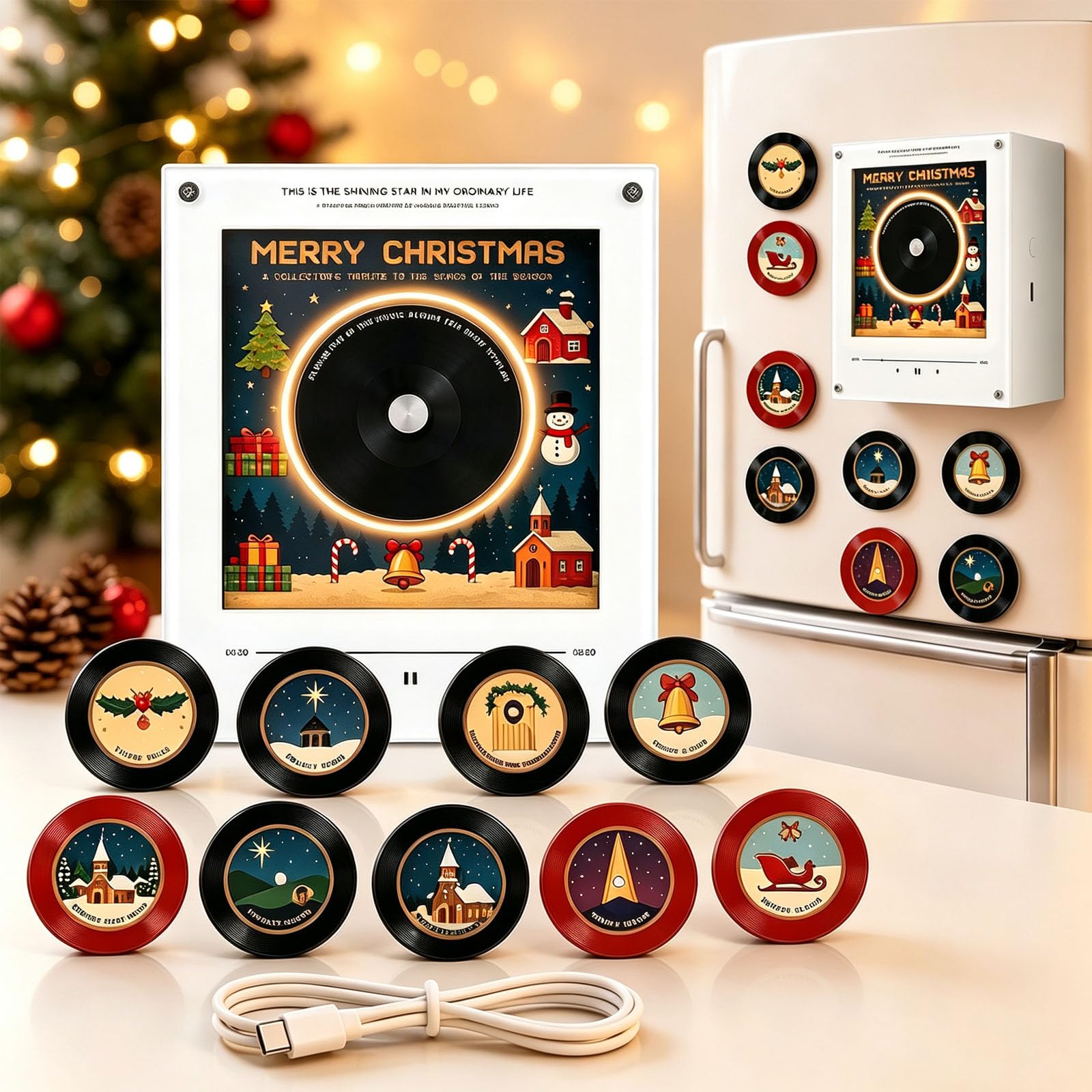 Mini-Lecteur De Vinyles De Noël avec 9 Disques NFC pour Réfrigérateur (1 pièce)