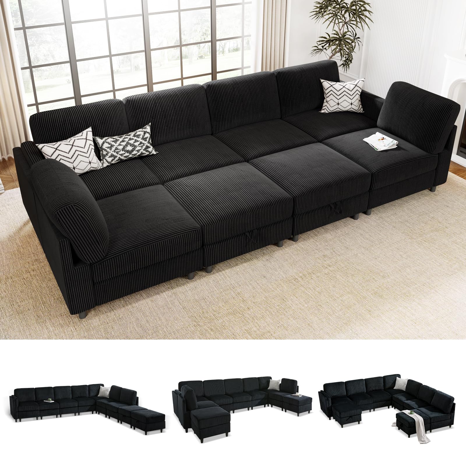 KKL Modular 108 Inch Sectional Sofa Bed - 8 Seater Couch Sofa with Storage Ottoman, Convertible L/U-Shaped Sleeper Couch for Living Room, Modern