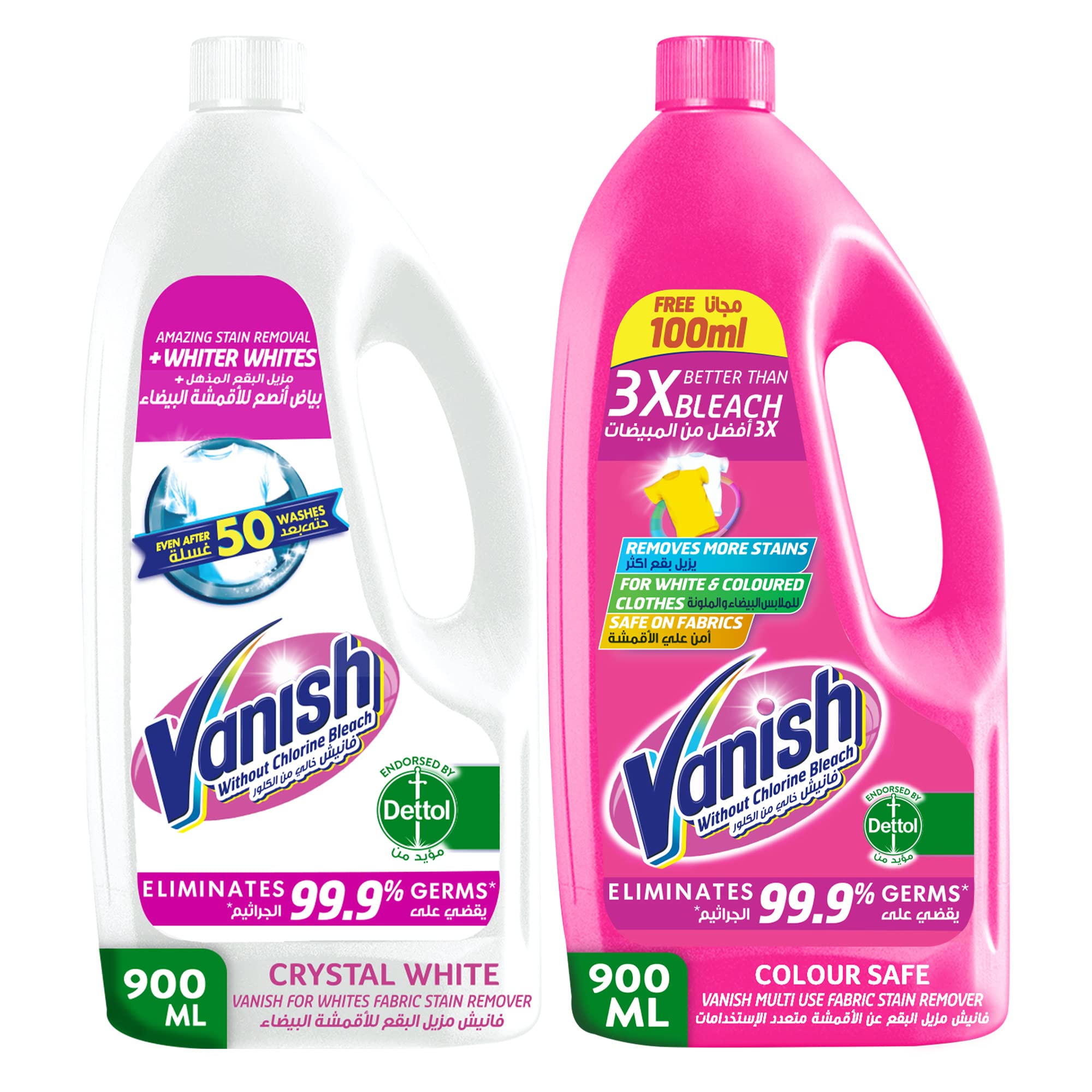Vanish Colour Safe Fabric Stain Remover, 900ml and Vanish Crystal White Fabric Stain Remover, 900ml (Pack of 2)