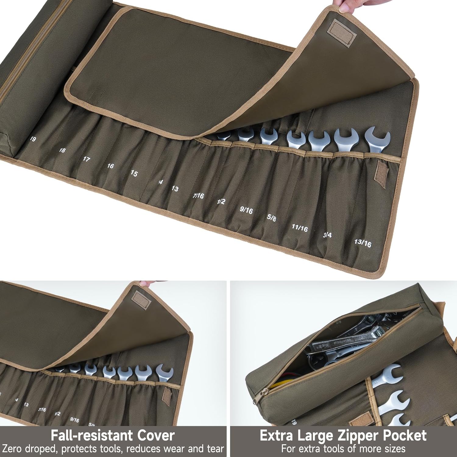 Wrench Roll Organizer,Wrench Roll Up Pouch with 23+1 Pockets,Heavy Duty Tool Roll for Metric & SAE Wrenches,Large Wrench Holder Organizer Bag for Men,Mechanics,Gifts for Men Dad(Olive Green) NO Tools