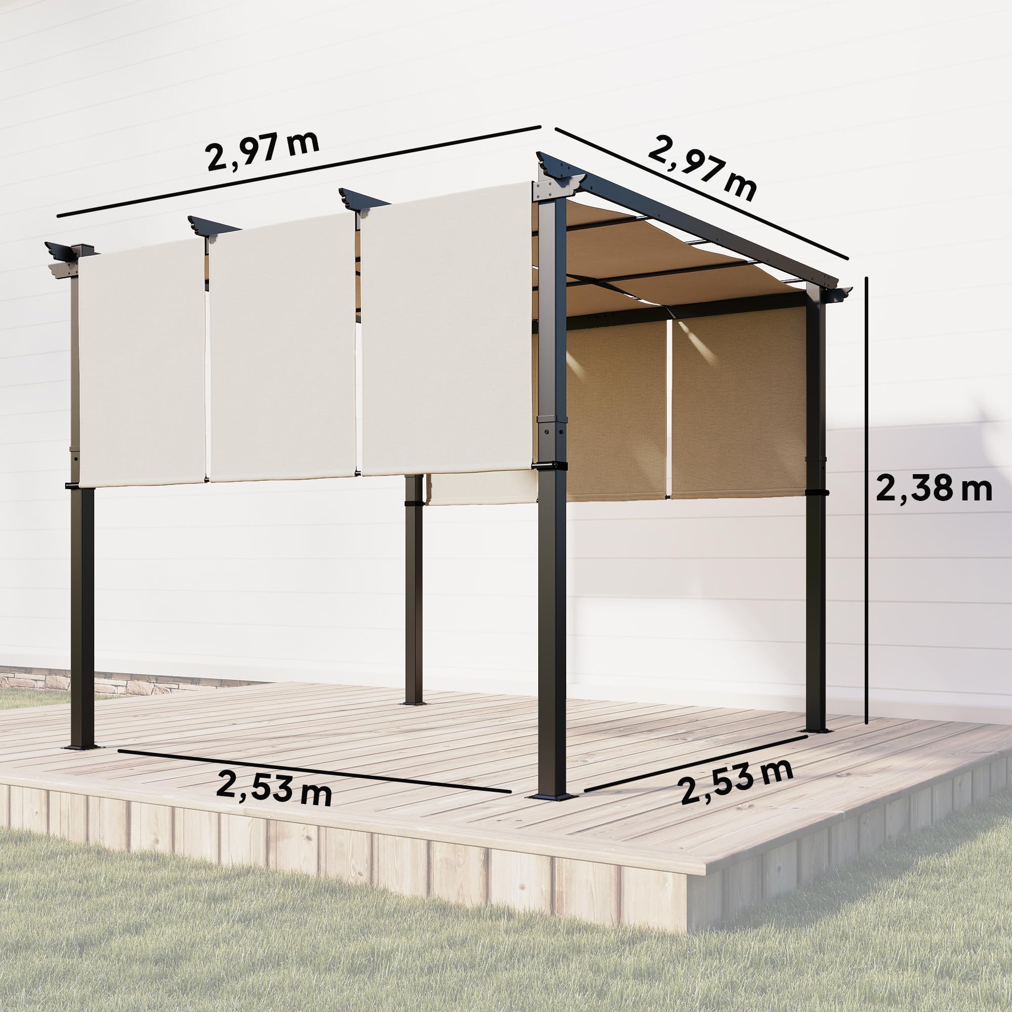 Outsunny Pergola avec 3 Toiles Coulissantes 3 x 3 x 2,38 m, Structure Acier Noir, Toile Polyester Haute Densité Beige