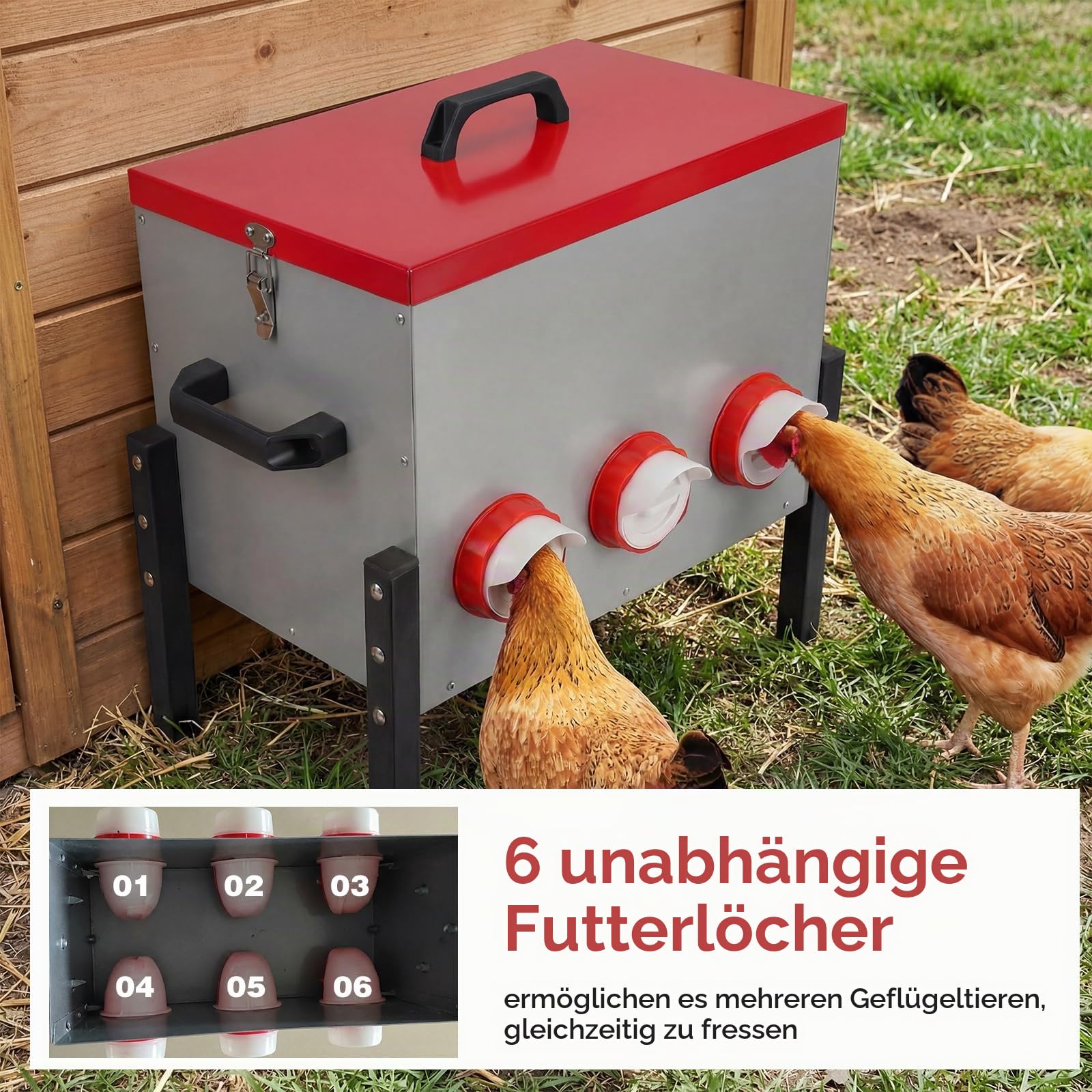 Futterautomat Hühner 15KG Großvolumiger Automatischer Hühnerfutterautomat, Hühnerfutter Automat mit 6 Löchern aus Metall, Futterspender für Hühner, Enten & Gänsen, für Stall/Hof/Garten