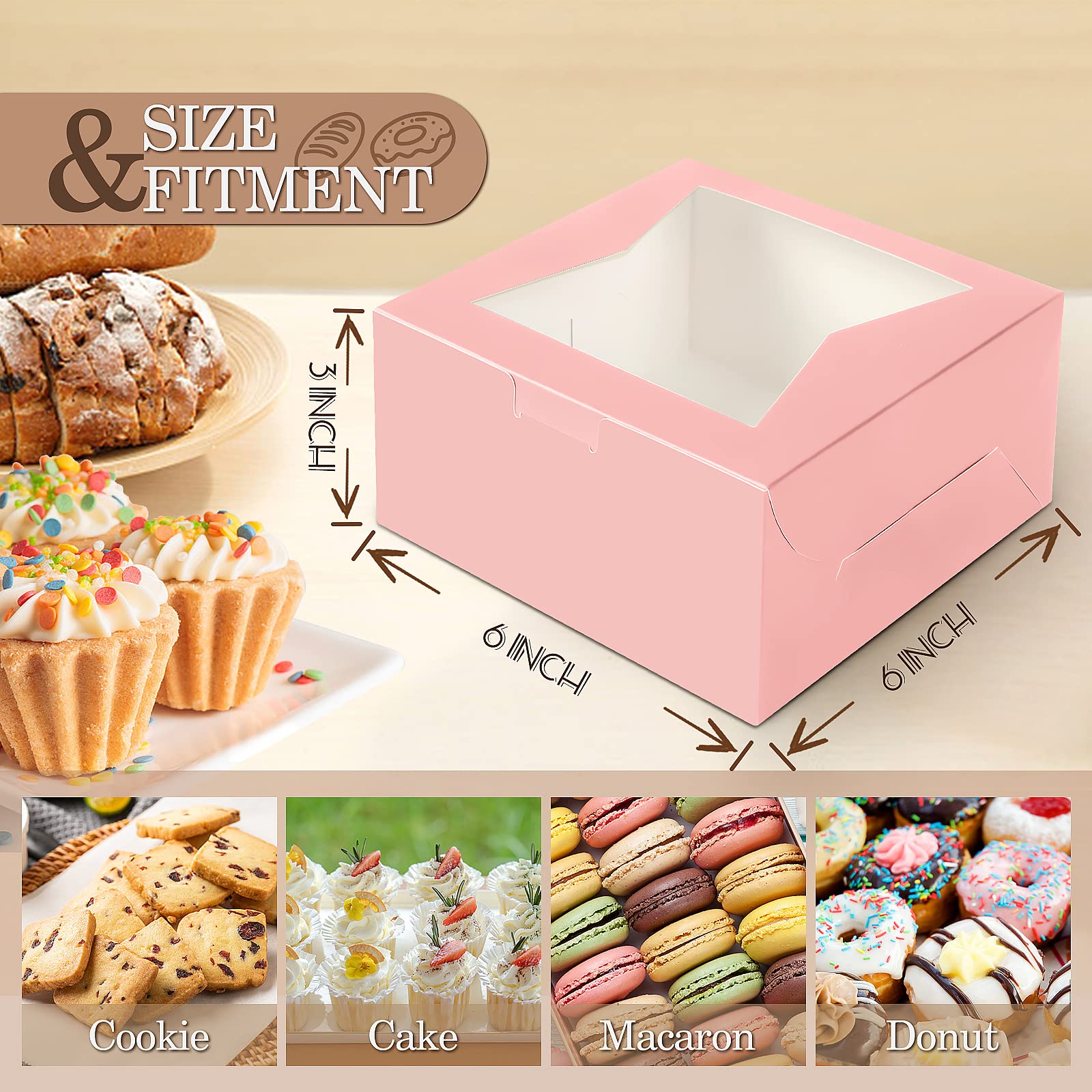 KPOSIYA 65 cajas de panadería con ventana de 6 x 6 x 3 pulgadas, 5 cajas de galletas pequeñas para dulces, postres, pasteles, donas, fiesta de cumpleaños, boda (rosa)