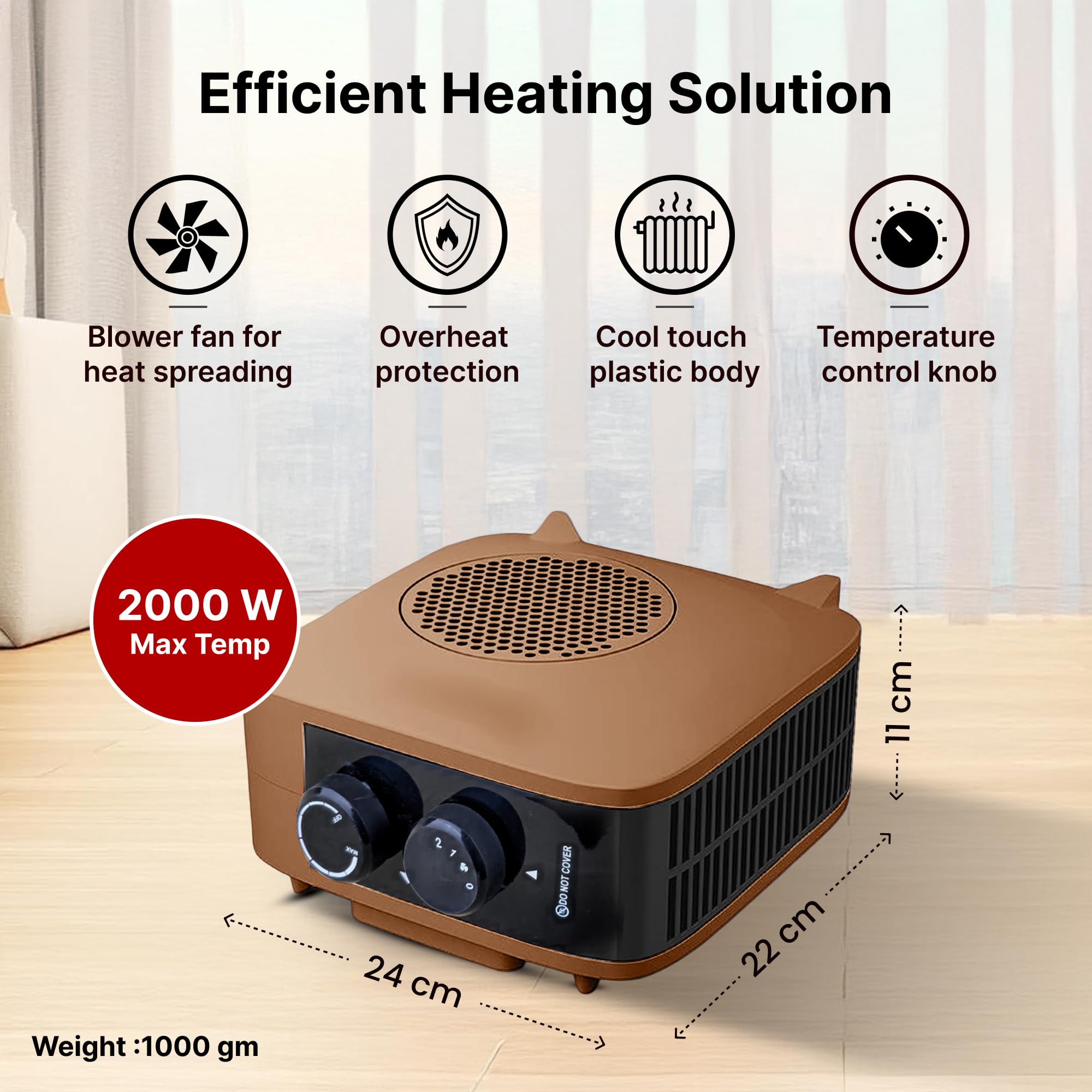 The Better Home Fumato 2000 W Room Heater (Fan-Blower) | Portable Heater for Bedroom & Home | Dual Placement Vertical/Horizontal | Thermal Cut-Out + Fuse Safety | Brown | 1-Year Warranty 1