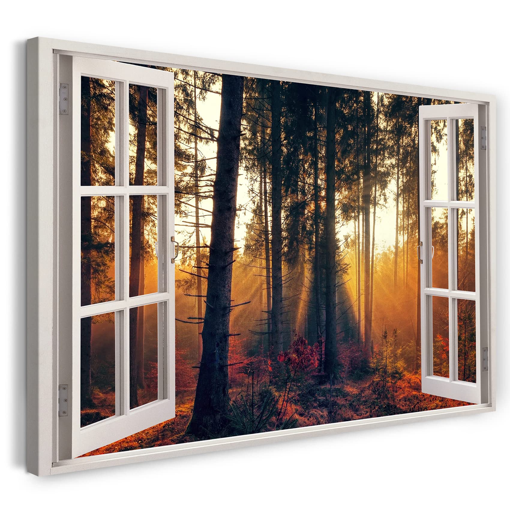 Print on Canvas (60x40 cm) view from the window - colorful forest nature sun fog leaves - nature photography, real wood frame with hook