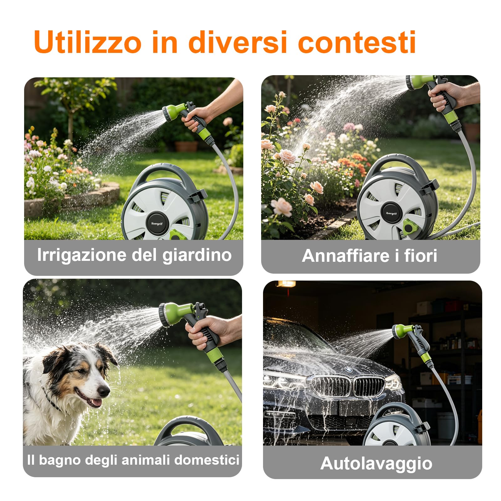 Ibegrif M22220 Avvolgitubo 10M con Pistola per Irrigazione 8 Modelli Regolabili, per camper, campeggio, caravan, Grigio