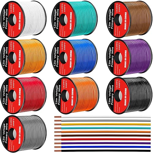 Gisafai 10 Pcs 12 Gauge Wire 100 ft Per Roll (1000 ft Total) Automotive Primary Wire Spools Copper Clad Aluminum Primary for 12v Automotive Harness Car Audio Video Wiring
