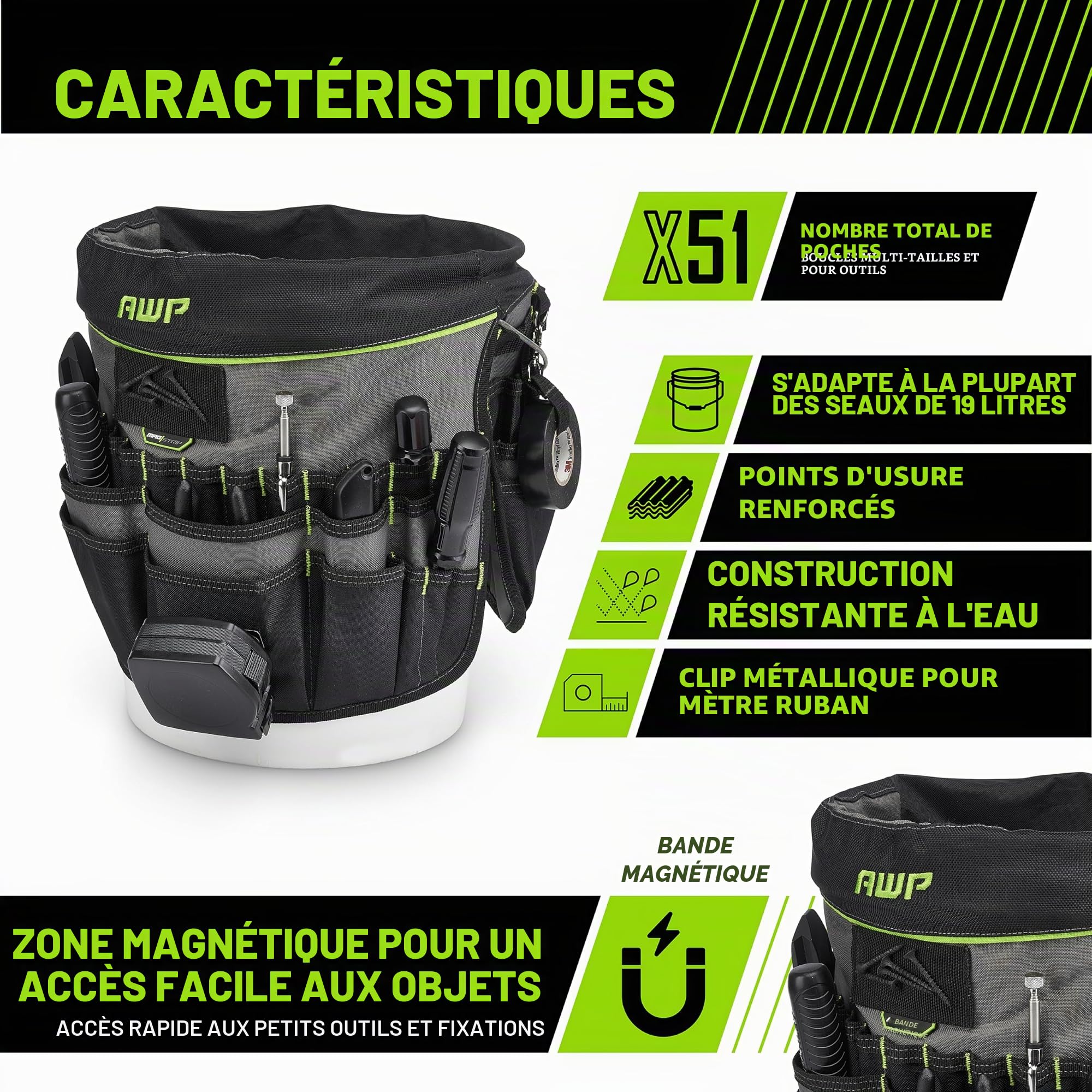 AWP 51-Pocket Bucket Tool Organizer for Easy Tool Access, Fits Most 5-Gallon Buckets, Water-Resistant Construction