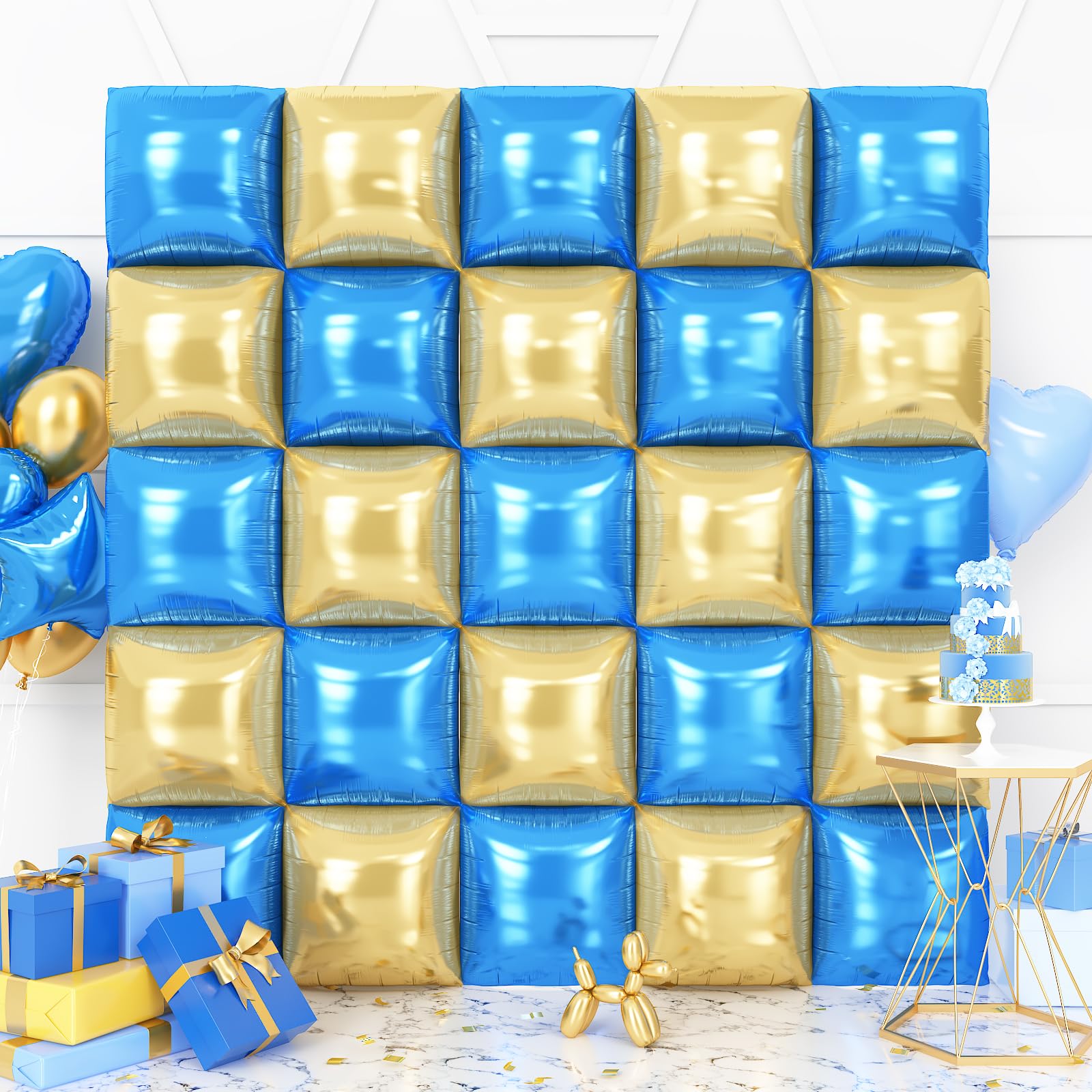 Blue Gold Silver Double Sided Square Foil Balloons Wall, 19 inch Chrome Foil Balloons Tunnel Arch Kit for Birthday Wedding Graduation Baby Shower