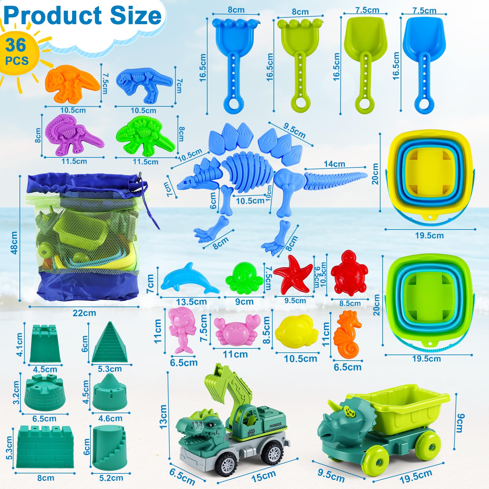 Juego de Juguetes de Playa para Niños,36 Piezas Juguetes de Playa de Dinosaurios para Niños Pequeños (1-8 Años),Juego de Juguetes de Playa de Viaje,Moldes de Animales,Set de Construcción