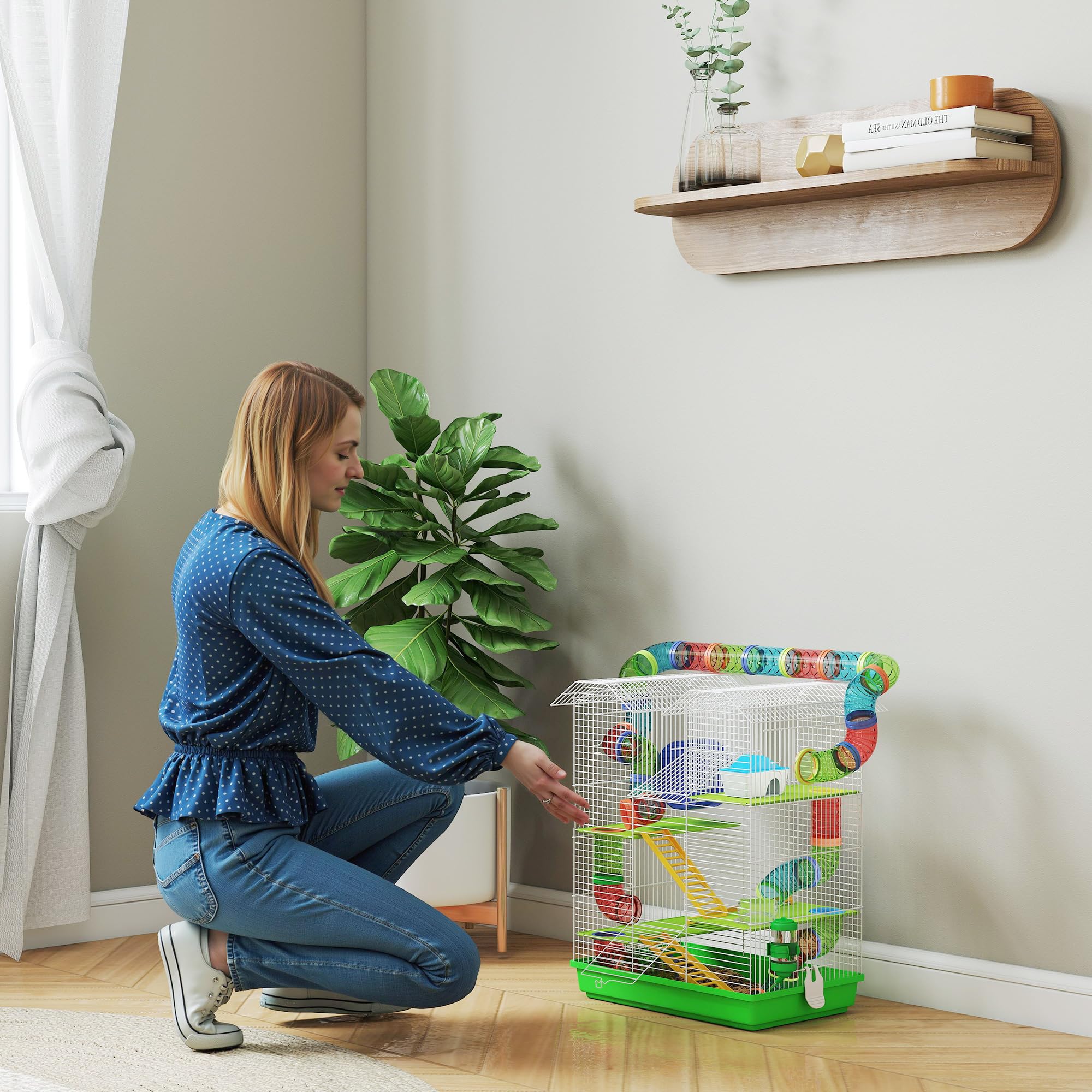 PawHut Cage pour Hamster Souris Petit Animaux Rongeur avec Tunnel Mangeoire Roue Jouet 47 x 30 x 59 cm Vert