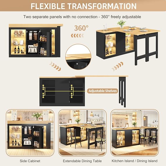 BTM Scandinavian Kitchen Island with LED Glass Display Cabinet Rotating Extendable Dining Table with Drop-leaf, Sideboard Black