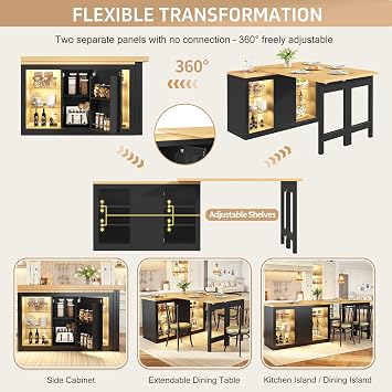 BTM Scandinavian Kitchen Island with LED Glass Display Cabinet Rotating Extendable Dining Table with Drop-leaf, Sideboard Black