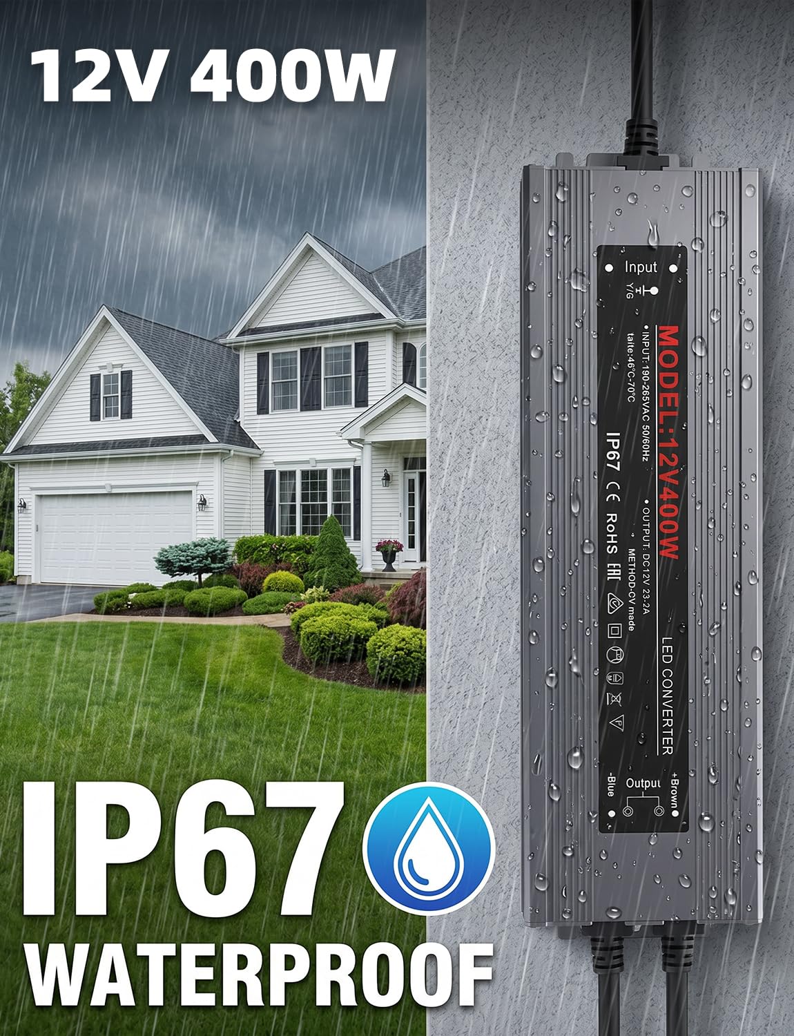 Trasformatore LED da 12 V, 400 W, IP67, impermeabile, senza sfarfallio, alimentatore di rete LED AC 190-265 V 50/60 Hz con 2 uscite, DC 12 V 33,3 A, trasformatore di tensione per strisce LED e strisce