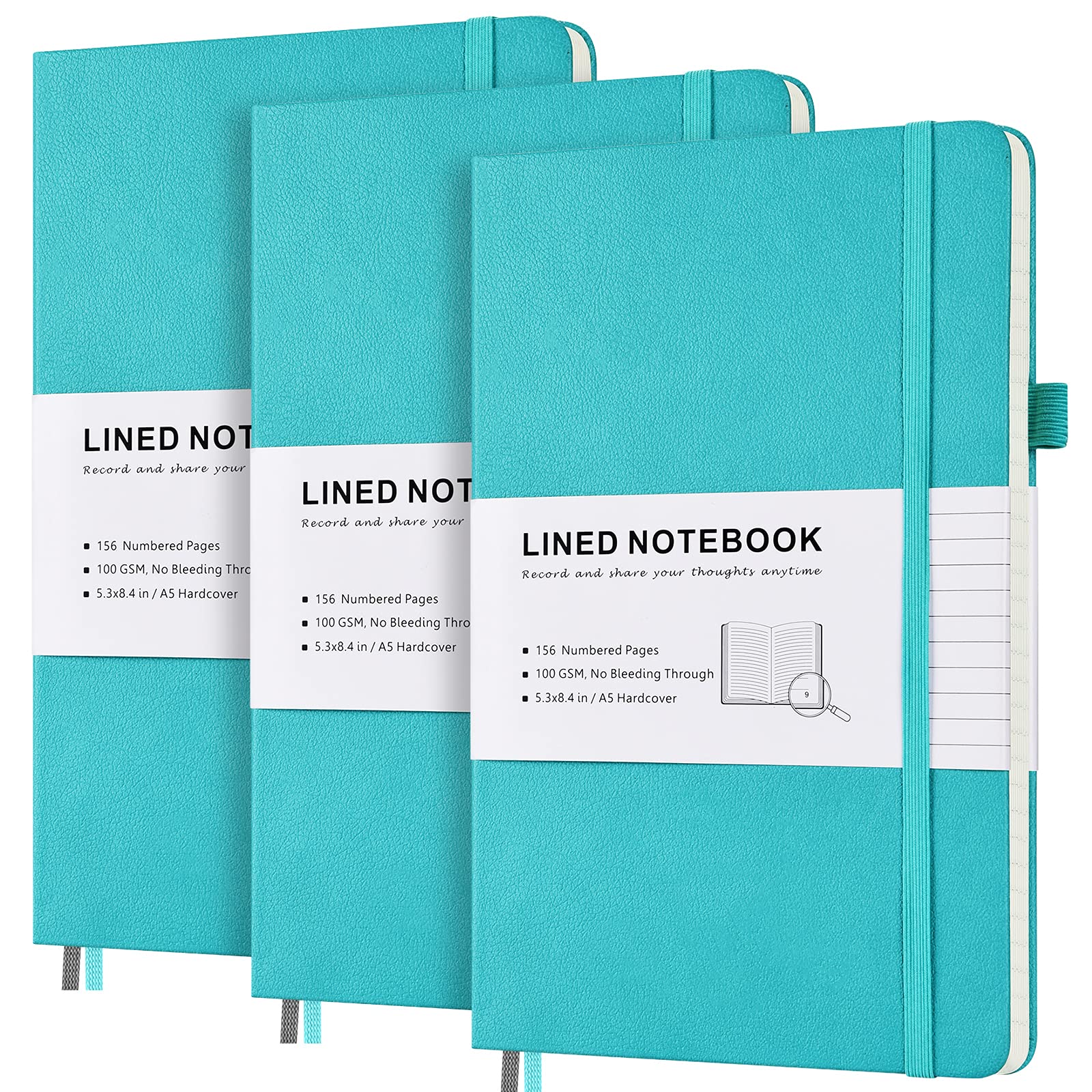 Lined Journal Notebook, 3 Pack Hardcover Notebook with Numbered Pages and Index Content, 2 Inner Pockets, 2 Ribbon Bookmarks, 100 GSM Thick Paper A5 Ruled Notebook (Teal)
