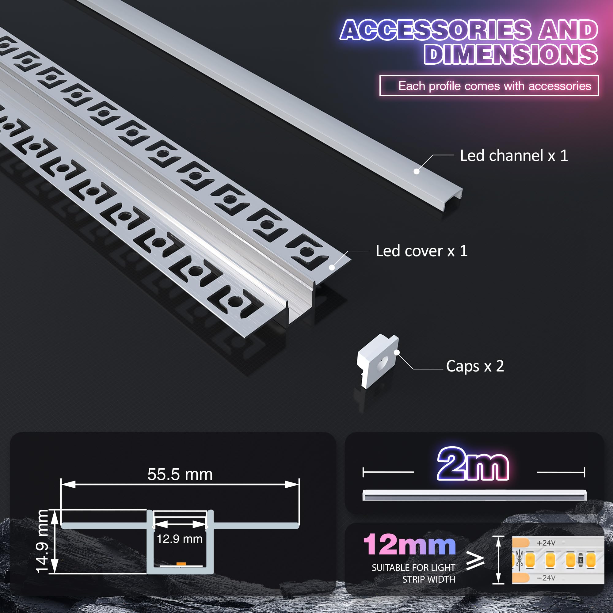 LED Trockenbauprofil 2m × 5 – Aluminium LED Kanal 55.5×14.9mm – 12.9mm Innenmaß für Einbaubeleuchtung