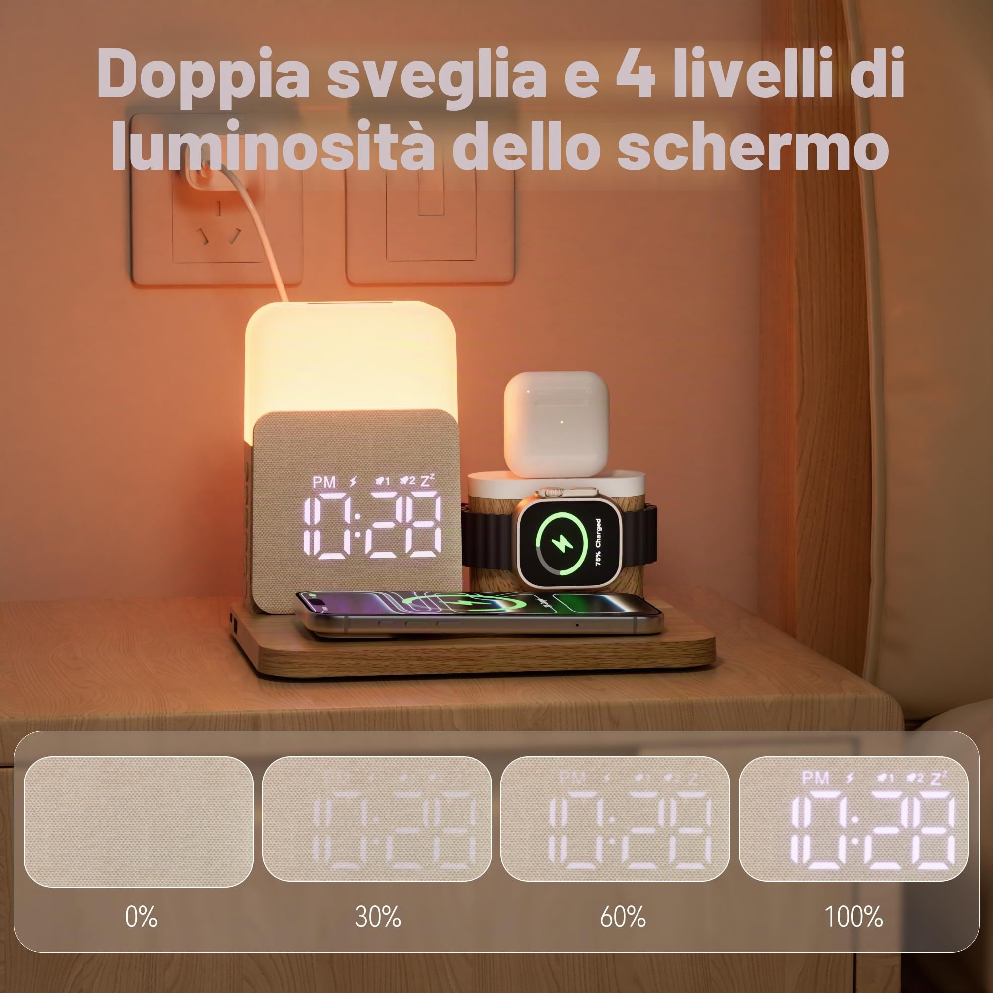 5 in 1 Caricatore Wireless per i-phone, Stazione di Ricarica con Sveglia | Caricatore 3 in 1 A-Watch Air-Pods i-phone 17-11 e Luce 3 Colori Regolabile, Adattatore Incluso – per Camera, Ufficio