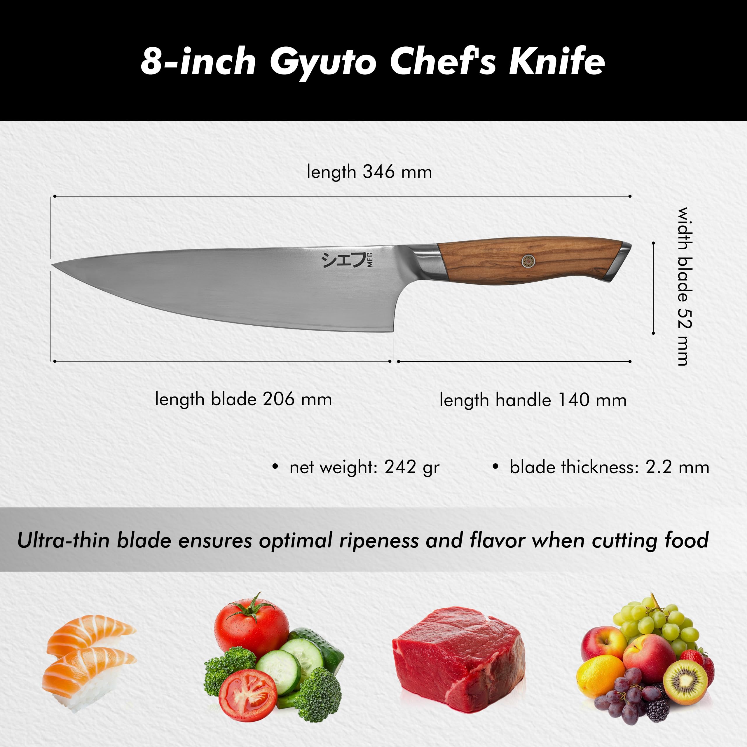 MEG Gyuto 206mm kute w San Mai nóż szefa kuchni, 3-warstwowy, ergonomiczny uchwyt z drewna oliwnego, certyfikat do użytku profesjonalnego, pudełko z drewna akacjowego, idealne na prezent