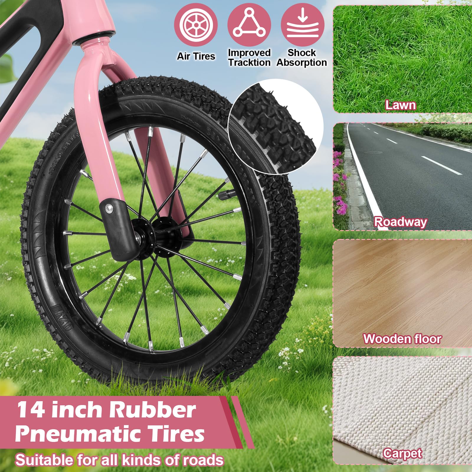 CHOLY Vélo sans pédales 14 pouces pour enfants 3-6 ans, siège réglable, pneus pneumatiques, cadre en alliage de magnésium