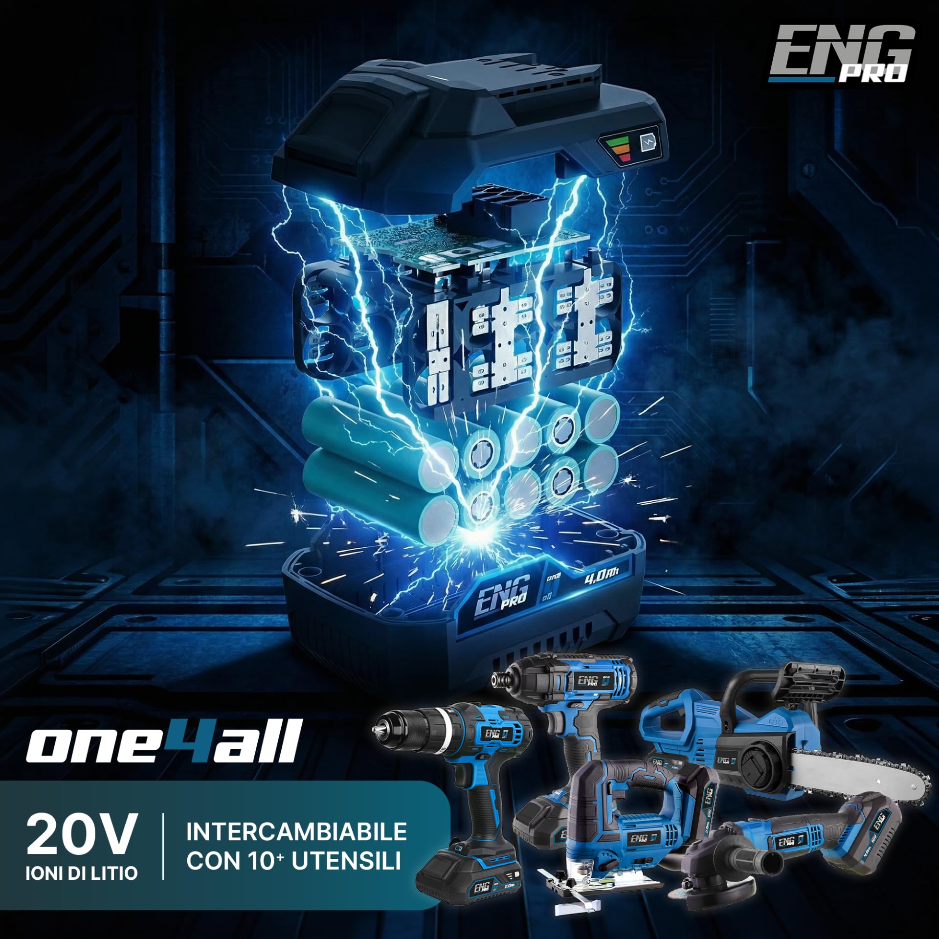 Utensile multifunzione - Linea professionale a Batteria ONE4ALL 20V - Velocità regolabile Max 20000 rpm - Accessori + Borsa Porta Utensili, 1 Batteria 4.0Ah e Caricabatteria inclusi - ENG PRO