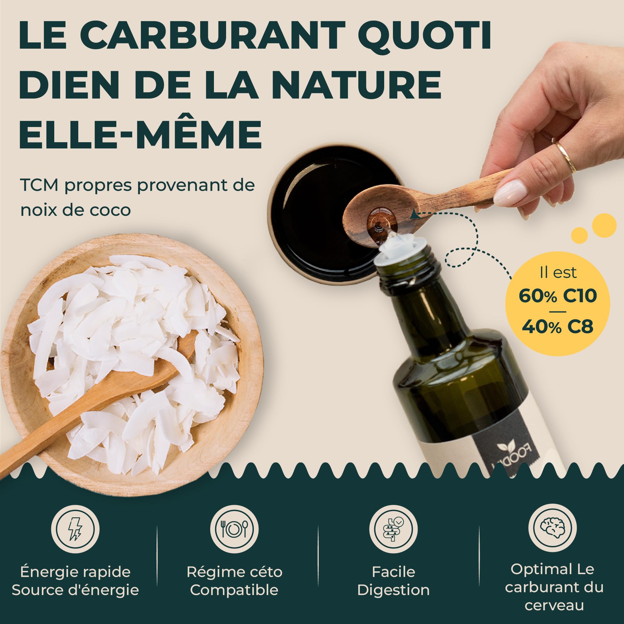 FOODIN Huile MCT 100% Huile de Coco,Triglycérides à Chaîne Moyenne (MCT), Sans Gluten & Végétalienne, de Coco Pure pour Athlètes, Idéale pour Régimes Cétogènes & Bienfaits Santé, 2 x 500 ml