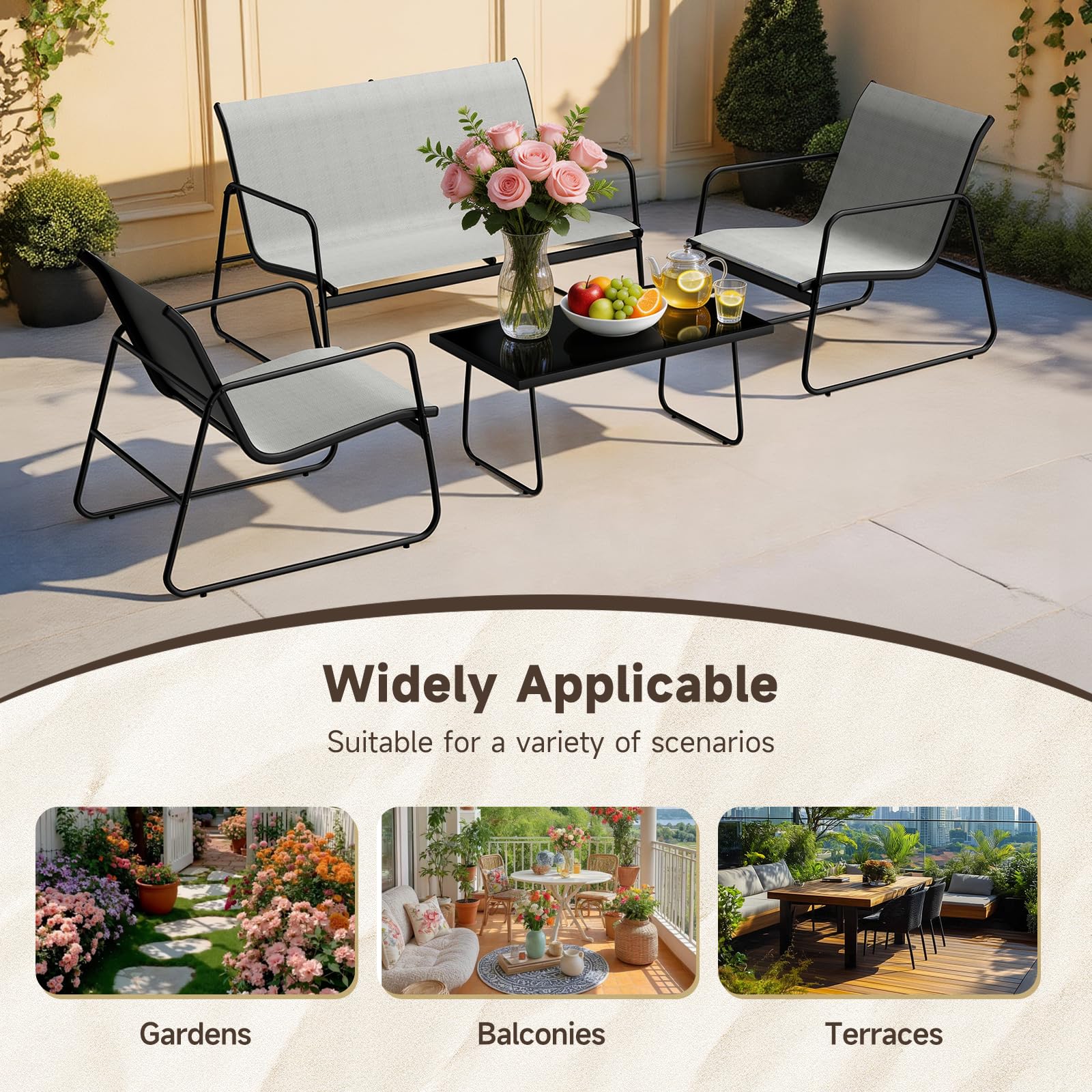 bigzzia Conjunto Jardín Exterior de 4 Piezas, Muebles Jardín Exterior con 1 Mesa, 1 Banco y 2 Sillas Impermeables y Transpirables para Exteriores Patios Piscinas (Gris Oscuro)