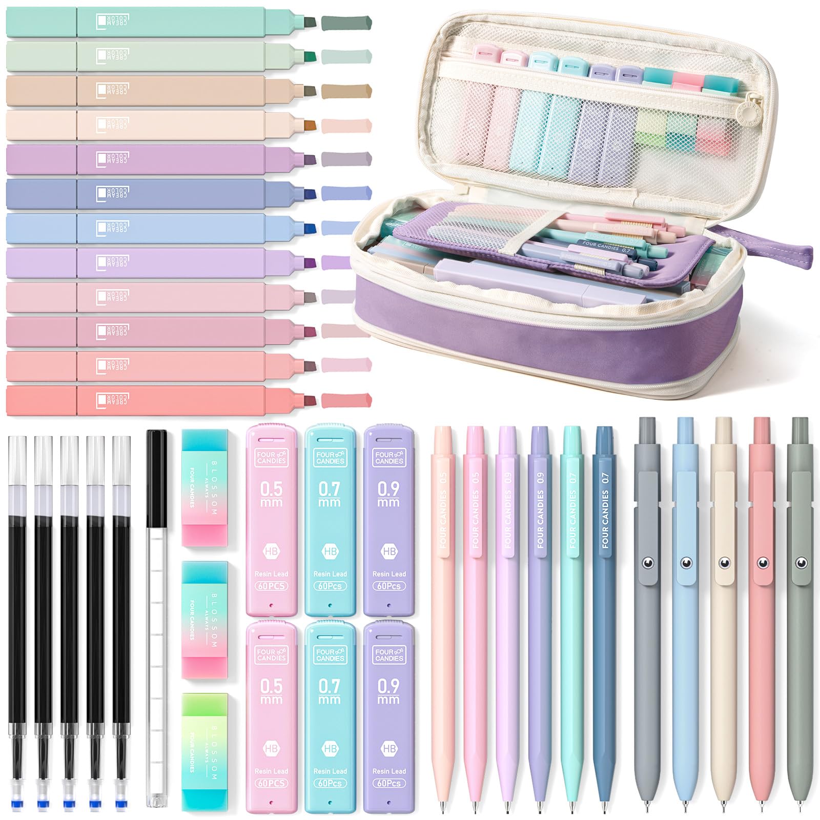 Four Candies 39 Stück Schulsachen mit Mäppchen, 12 Pastell Textmarker, 5 Gelstifte, 6 Druckbleistift Set, Aesthetic Stifte und Coole Sachen für Teenager Mädchen School Stuff Clean Girl (Lila)