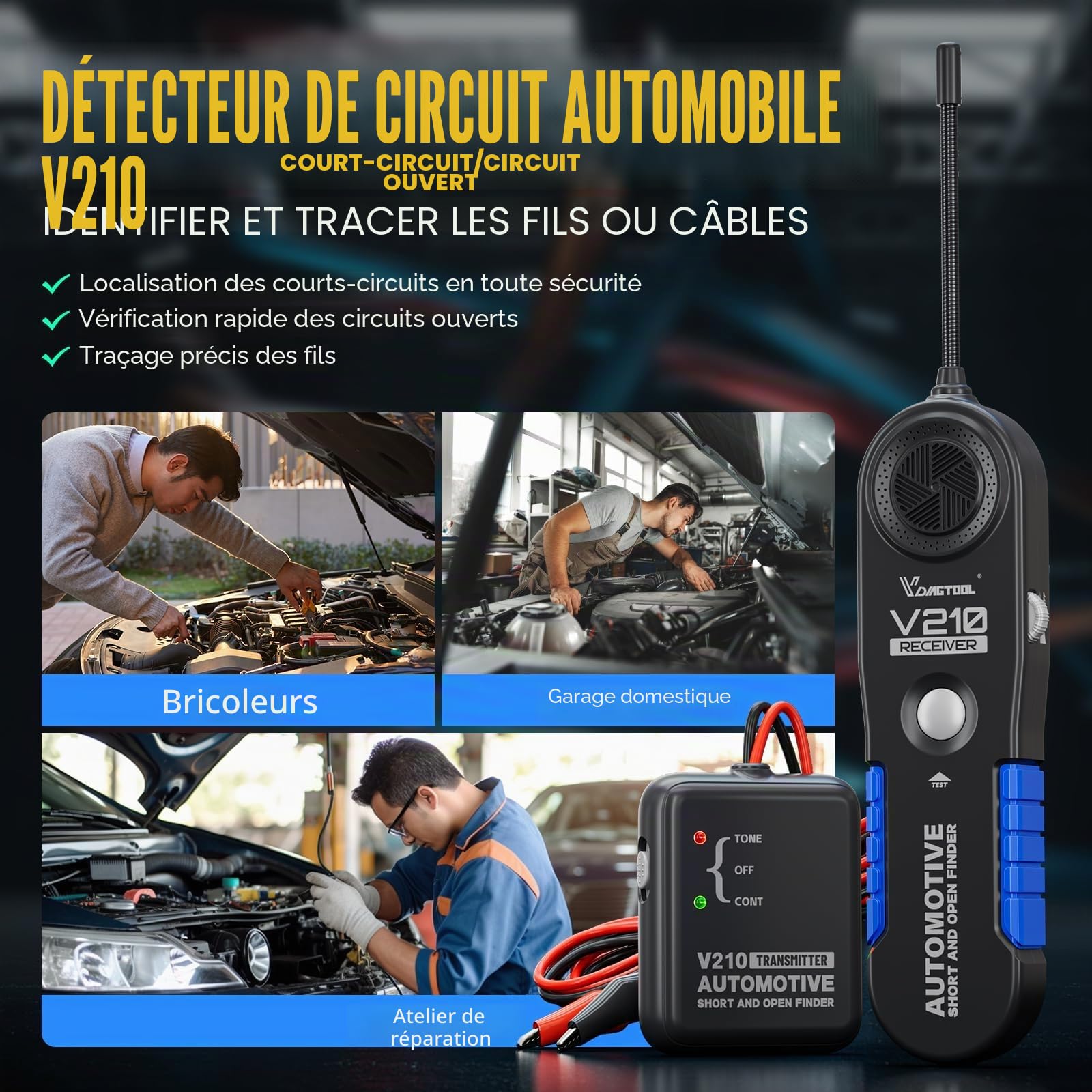 VDIAGTOOL V210 Traceur de Cables Electriques, Outil Detecteur De Fil Coupe Voiture 6-42V DC, Testeur de Circuit Ouvert et Court-circuit, Localisateur de câble et Disjoncteur électrique Automobile