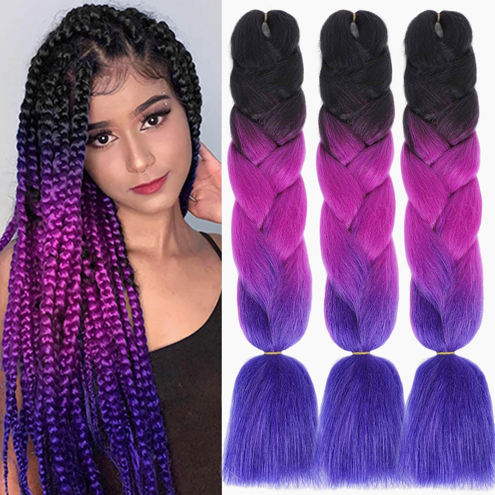 Colorful Purple Ombre Braiding Hair 3Packs 24Inch Rainbow Jumbo Synthetic Fiber Braiding Hair Colored Hair Extension for Braiding for Women Girls (Black-Purple-Deep Purple)