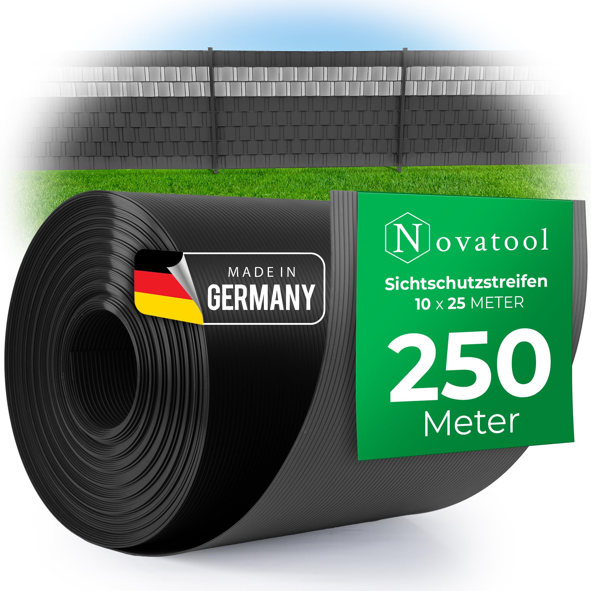 Novatool 10x 25m Rolle PP Premium Sichtschutzstreifen für Doppelstabmatten ANTHRAZIT RAL 7016-19 cm hoch - 100 Reihen Stabmattenzaun Sichtschutzstreifen GRAU mit Rillen Zaunelemente Sichtschutz