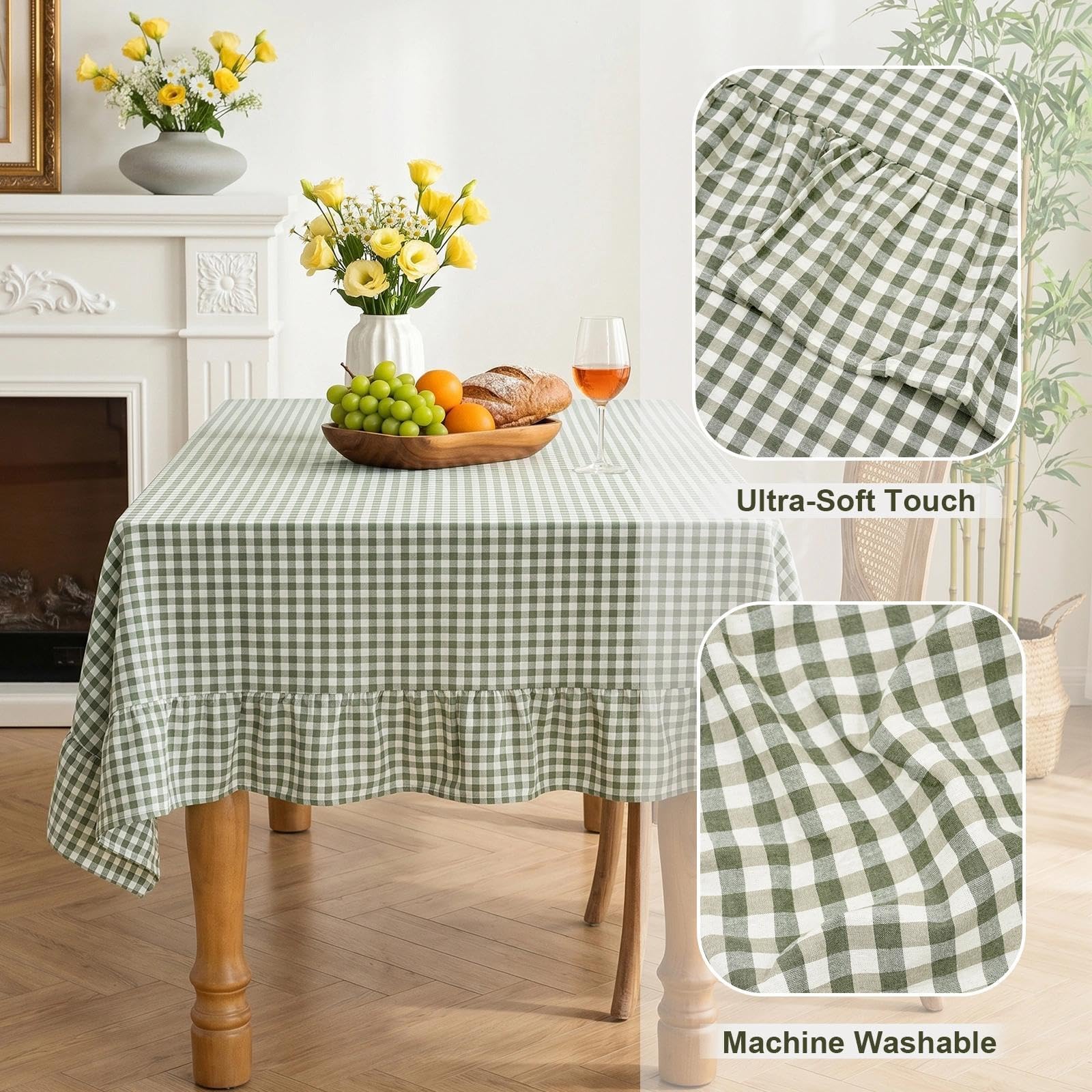 Mantel con volantes, color verde salvia, 52 x 70 pulgadas