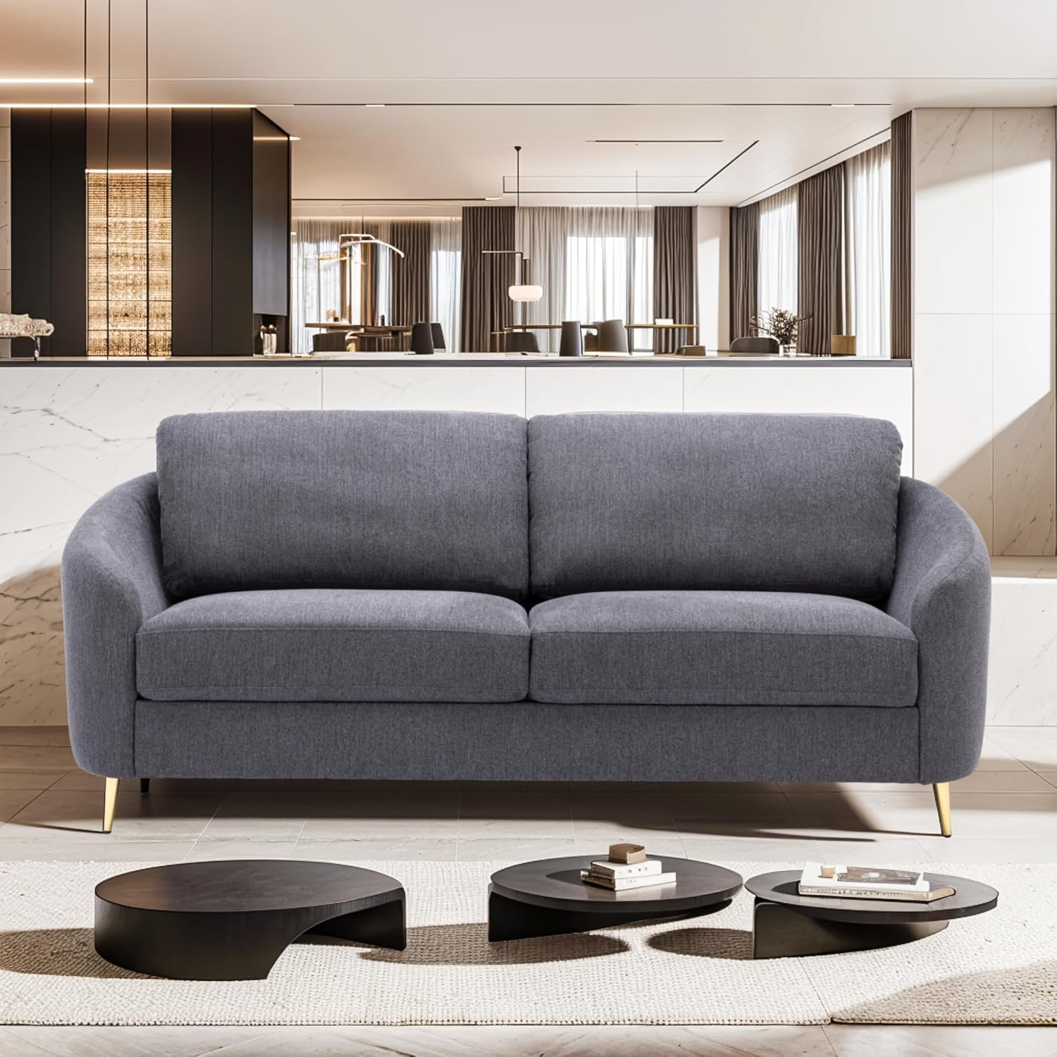 Living Room Furniture Sets, Sofa Couch Modern with Scooped Armrest/Legs, Upholstered Linen 3-seat, Loveseat and Armchair with Removable Cushions for Bedroom, Apartment, Grey-v97