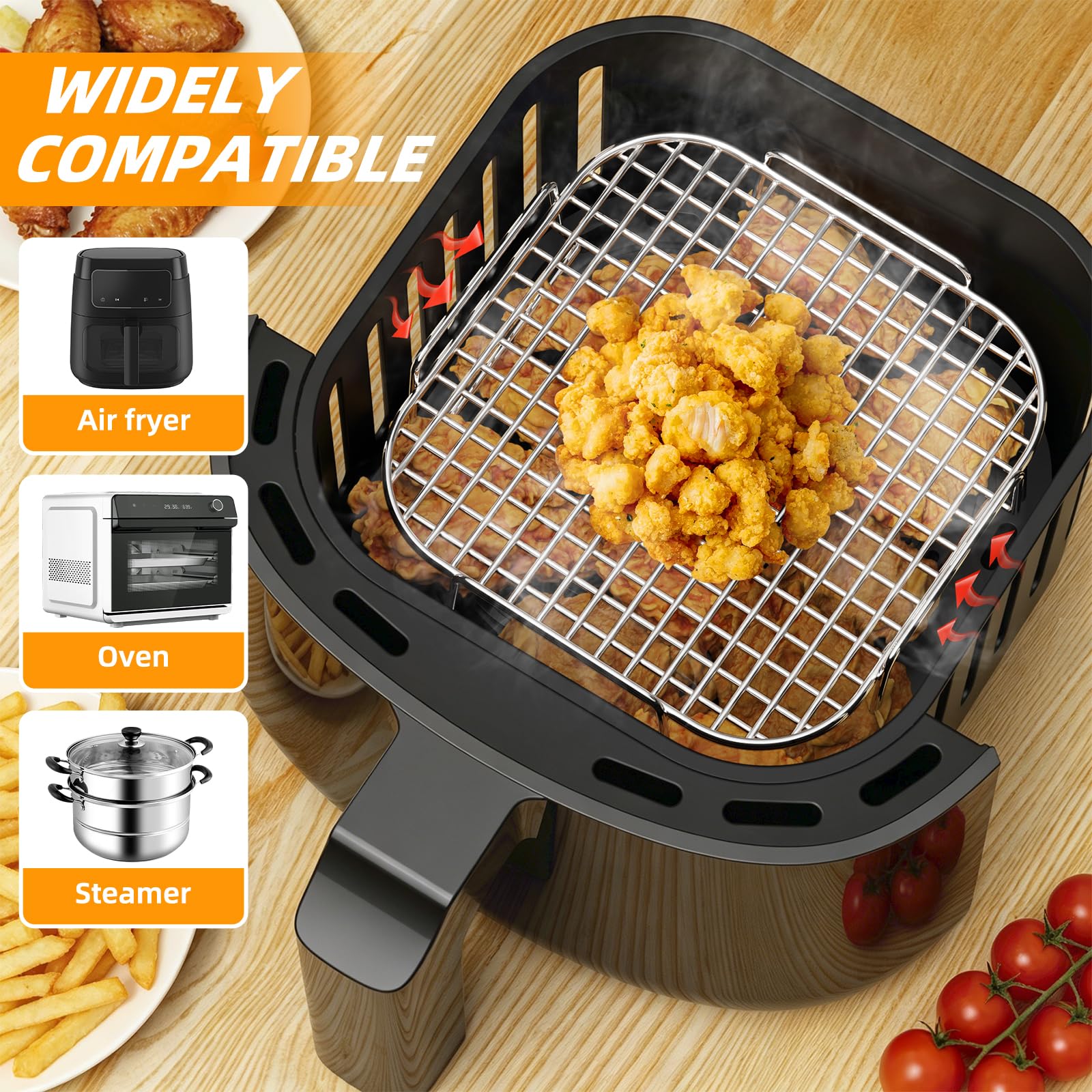 HONYAO Ruszty do Airfryera, 2 Sztuki Stal Nierdzewna Sztaplowane Akcesoria do Frytkownic do Xiaomi 5,5/6/6,5 L, Philips 6,2/7,2/7,3 L, Ninja 6,2 L, innych kwadratowych koszy 5,5-8,3 L | Air Fryer Rack Piekarnik Parowar