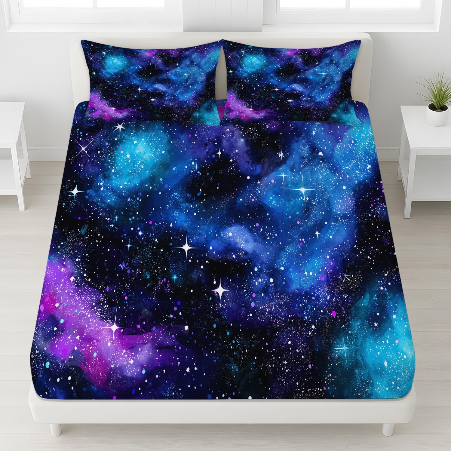 Fantazyjne gwiaździste niebo prześcieradło z gumką 200 x 200 cm miseczki 30 cm, marzycielski wszechświat kosmiczny pokrowiec na materac z mikrofibry z zakładką 30 cm - komplet pościeli odporny na
