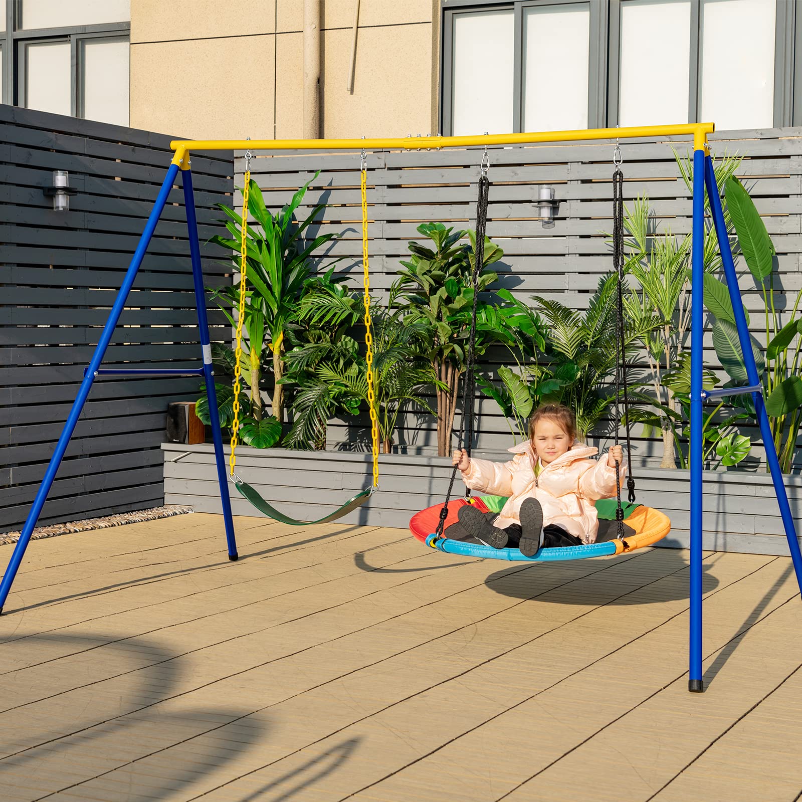 KOMFOTTEU Altalena per Bambini con 2 Sedili, Altalena da Giardino per Bambini 3+ Anni e Adulti, con Struttura in Metallo, Portata fino a 300 kg, Set di Altalene Doppio per Cortile, Parco