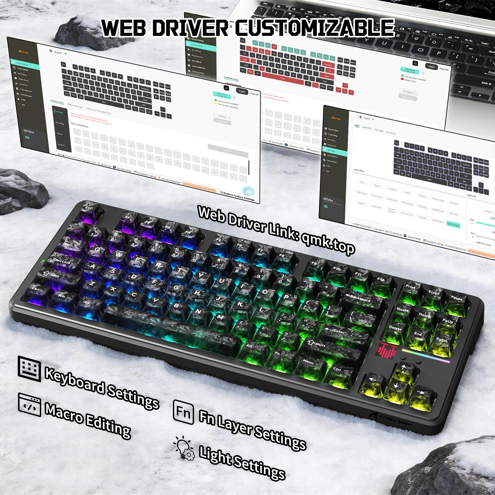 ATTACK SHARK X87 ULTRA Tastiera Meccanica da Gioco Wireless con Display a Matrice di Punti, BT/2,4 GHz/Cablata, 75% Hot swap, 10000mAh, RGB, Ricevitore Wireless Shark Fin, Ink Shadow