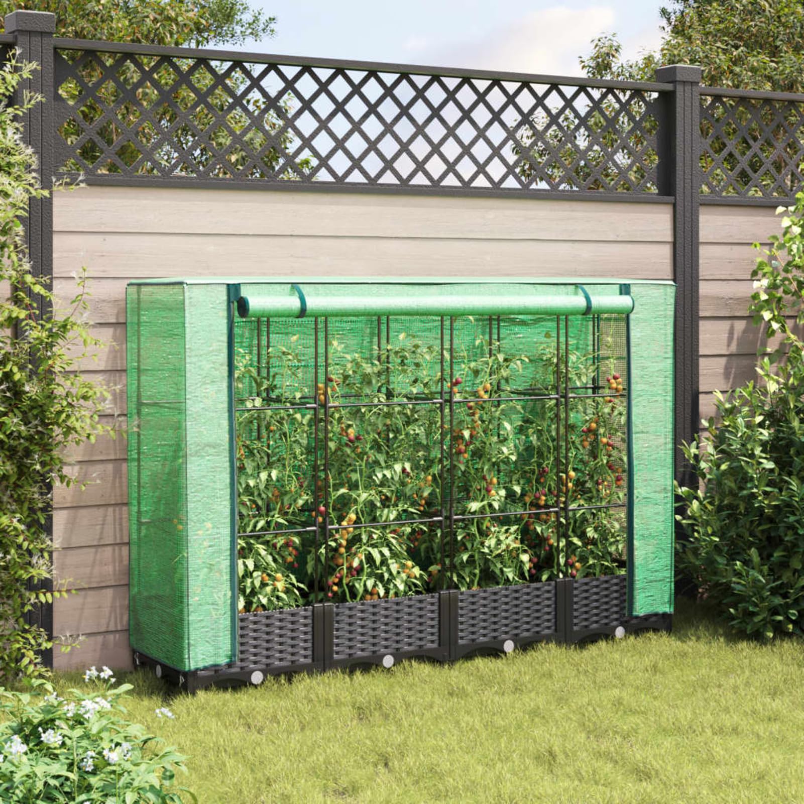 Homgoday Hochbeet mit Gewächshaus-Aufsatz Pflanzkasten Gemüsebeet Blumenbeet Blumenkasten Gartenbeet Pflanzbeet Frühbeet für Balkon Garten Terrasse Rattan-Optik 160x40x123 cm Schwarz