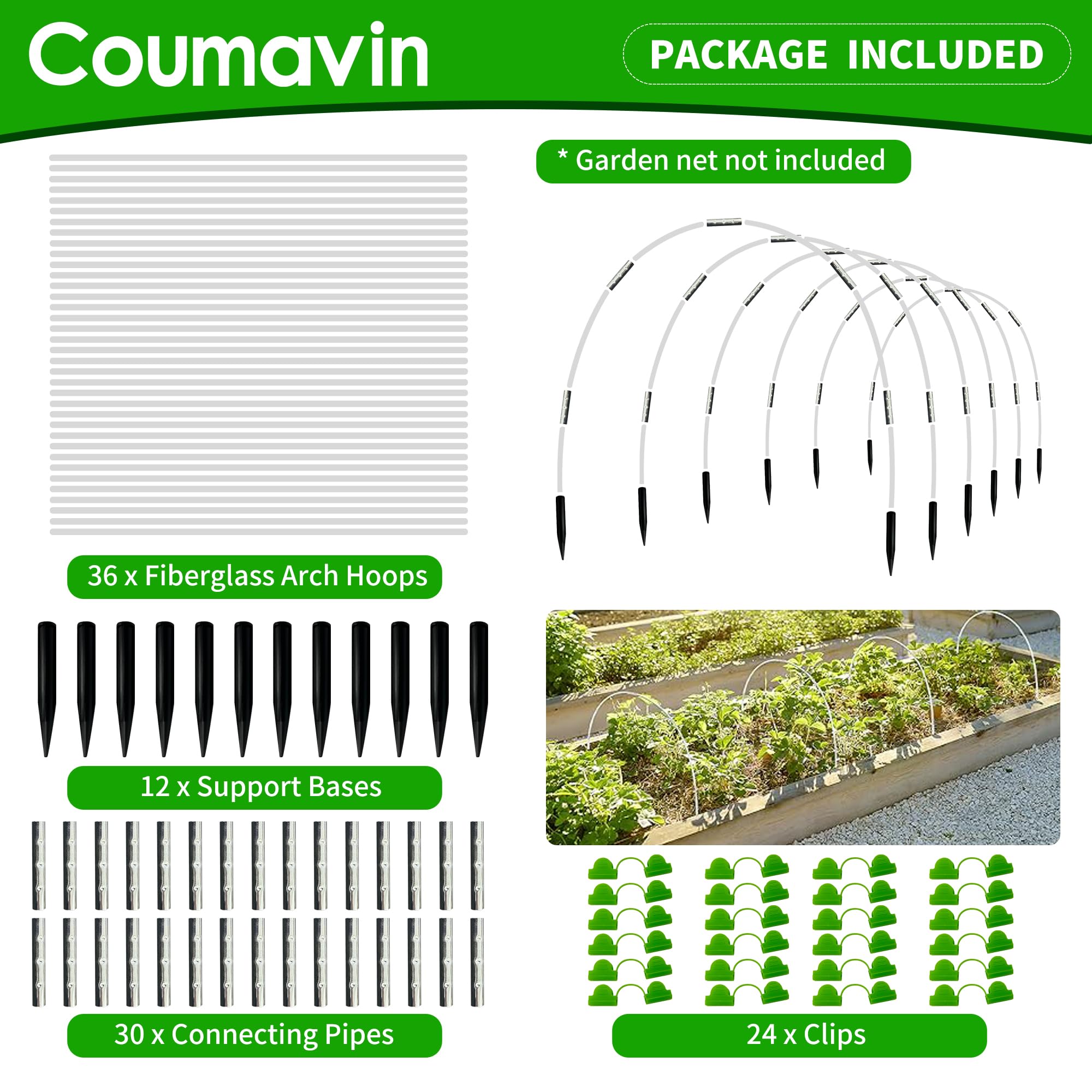 Juego de 36 aros de invernadero para túnel de cultivo, aros de jardín para camas elevadas, cubierta de fila, marco de aro de fibra de vidrio flexible, kit de aros de bricolaje para exteriores, 12